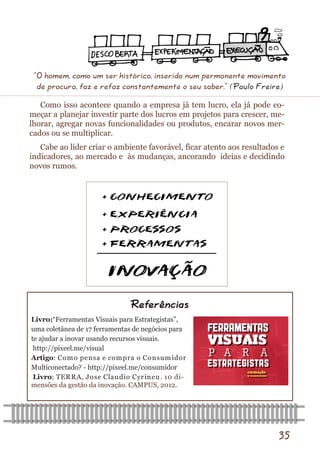 35 
Livro:“Ferramentas Visuais para Estrategistas”, 
uma coletânea de 17 ferramentas de negócios para 
te ajudar a inovar usando recursos visuais. 
http://pixeel.me/visual 
Artigo: Como pensa e compra o Consumidor 
Multiconectado? - http://pixeel.me/consumidor 
Livro: TERRA, Jose Claudio Cyrineu. 10 di- mensões da gestão da inovação. CAMPUS, 2012. 
Referências 
Como isso acontece quando a empresa já tem lucro, ela já pode co- meçar a planejar investir parte dos lucros em projetos para crescer, me- lhorar, agregar novas funcionalidades ou produtos, encarar novos mer- cados ou se multiplicar. 
Cabe ao líder criar o ambiente favorável, ficar atento aos resultados e indicadores, ao mercado e às mudanças, ancorando ideias e decidindo novos rumos. 
“O homem, como um ser histórico, inserido num permanente movimento de procura, faz e refaz constantemente o seu saber.” (Paulo Freire)  