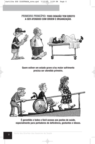 PRIMEIRO PRINCÍPIO: TODO CIDADÃO TEM DIREITO
A SER ATENDIDO COM ORDEM E ORGANIZAÇÃO.
Quem estiver em estado grave e/ou maior sofrimento
precisa ser atendido primeiro.
É garantido a todos o fácil acesso aos postos de saúde,
especialmente para portadores de deficiência, gestantes e idosos.
Carta dos Direitos dos Usuários da Saúde
2
cartilha SUS ILUSTRADA_nova.qxd 7/12/06 2:59 PM Page 4
 