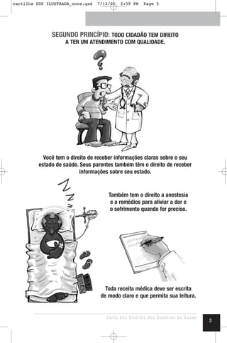 SEGUNDO PRINCÍPIO: TODO CIDADÃO TEM DIREITO
A TER UM ATENDIMENTO COM QUALIDADE.
Você tem o direito de receber informações claras sobre o seu
estado de saúde. Seus parentes também têm o direito de receber
informações sobre seu estado.
Também tem o direito a anestesia
e a remédios para aliviar a dor e
o sofrimento quando for preciso.
Toda receita médica deve ser escrita
de modo claro e que permita sua leitura.
Carta dos Direitos dos Usuários da Saúde
3
cartilha SUS ILUSTRADA_nova.qxd 7/12/06 2:59 PM Page 5
 