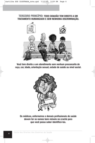 TERCEIRO PRINCÍPIO: TODO CIDADÃO TEM DIREITO A UM
TRATAMENTO HUMANIZADO E SEM NENHUMA DISCRIMINAÇÃO.
Você tem direito a um atendimento sem nenhum preconceito de
raça, cor, idade, orientação sexual, estado de saúde ou nível social.
Os médicos, enfermeiros e demais profissionais de saúde
devem ter os nomes bem visíveis no crachá para
que você possa saber identificá-los.
Carta dos Direitos dos Usuários da Saúde
4
cartilha SUS ILUSTRADA_nova.qxd 7/12/06 2:59 PM Page 6
 