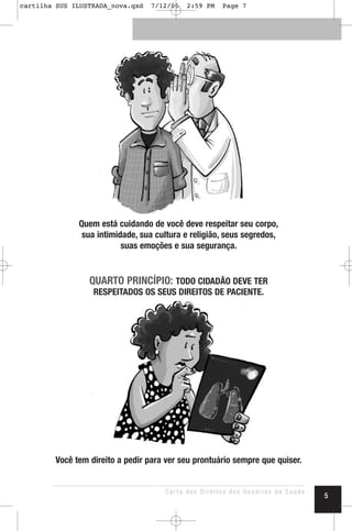 Quem está cuidando de você deve respeitar seu corpo,
sua intimidade, sua cultura e religião, seus segredos,
suas emoções e sua segurança.
QUARTO PRINCÍPIO: TODO CIDADÃO DEVE TER
RESPEITADOS OS SEUS DIREITOS DE PACIENTE.
Você tem direito a pedir para ver seu prontuário sempre que quiser.
Carta dos Direitos dos Usuários da Saúde
5
cartilha SUS ILUSTRADA_nova.qxd 7/12/06 2:59 PM Page 7
 