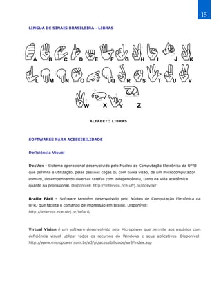 15

LÍNGUA DE SINAIS BRASILEIRA - LIBRAS




                                   ALFABETO LIBRAS




SOFTWARES PARA ACESSIBILIDADE


Deficiência Visual


DosVox - Sistema operacional desenvolvido pelo Núcleo de Computação Eletrônica da UFRJ
que permite a utilização, pelas pessoas cegas ou com baixa visão, de um microcomputador
comum, desempenhando diversas tarefas com independência, tanto na vida acadêmica
quanto na profissional. Disponível: http://intervox.nce.ufrj.br/dosvox/


Braille Fácil – Software também desenvolvido pelo Núcleo de Computação Eletrônica da
UFRJ que facilita o comando de impressão em Braille. Disponível:
http://intervox.nce.ufrj.br/brfacil/



Virtual Vision é um software desenvolvido pela Micropower que permite aos usuários com
deficiência visual utilizar todos os recursos do Windows e seus aplicativos. Disponível:
http://www.micropower.com.br/v3/pt/acessibilidade/vv5/index.asp
 