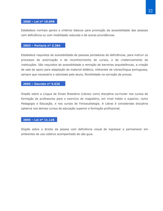 22

 2000 – Lei nº 10.098


Estabelece normais gerais e critérios básicos para promoção da acessibilidade das pessoas
com deficiência ou com mobilidade reduzida e dá outras providências.


 2003 – Portaria nº 3.284


Estabelece requisitos de acessibilidade de pessoas portadoras de deficiências, para instruir os
processos de autorização e de reconhecimento de cursos, e de credenciamento de
instituições. São requisitos de acessibilidade a remoção de barreiras arquitetônicas, a criação
de sala de apoio para adaptação de material didático, intérprete de Libras/língua portuguesa,
sempre que necessário e solicitado pelo aluno, flexibilidade na correção de provas.


 2005 – Decreto nº 5.626


Dispõe sobre a Língua de Sinais Brasileira (Libras) como disciplina curricular nos cursos de
formação de professores para o exercício de magistério, em nível médio e superior, como
Pedagogia e Educação, e nos cursos de Fonoaudiologia. A Libras é considerada disciplina
optativa nos demais cursos de educação superior e formação profissional.



 2005 – Lei nº 11.126


Dispõe sobre o direito da pessoa com deficiência visual de ingressar e permanecer em
ambientes de uso coletivo acompanhado de cão-guia.
 