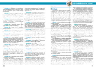 Cartilha da Inclusão Escolar 
Princípio 6: O aprendizado é em parte determi-nado 
pela habilidade cerebral de autocorreção, apren-der 
com as experiências, através da análise dos dados 
e autorreflexão. 
Princípio 7: A busca por significado ocorre atra-vés 
do reconhecimento de padrões, ou seja, o cérebro 
continuamente compara o que chega até ele ao que já 
conhece 37-41. 
Princípio 8: As emoções são críticas na detecção 
dos padrões, tomada de decisões e aprendizagem 42-51. 
O estresse 52-54, a ansiedade 55-57 e os estados depressi-vos 
prejudicam o aprendizado 56. 
Princípio 9: O aprendizado torna-se melhor 
com o desafio e é inibido por ameaças 58-61. 
Princípio 10: O cérebro procura e rapidamente 
detecta novidade 62-65. 
Princípio 11: O aprendizado humano envolve a 
atenção focalizada e a percepção periférica 58-61. 
Princípio 12: O cérebro conceitualmente pro-cessa 
as partes e o todo simultaneamente 66-79. 
Princípio 13: O cérebro depende de interação 
com outras pessoas para dar sentido às situações so-ciais. 
Assim, “o suporte (acadêmico, moral ou de outra 
ordem) recebido dos outros (professores, colegas e 
familiares) é crítico para o melhor desempenho aca-dêmico, 
o que inclui o aprendizado” 80-93. 
Princípio 14: Devolutivas (feedbacks) e avaliações 
significativas são fundamentais para o aprendizado 
humano 82,94,95. 
Princípio 15: O aprendizado é um processo 
de construção e a habilidade de aprender evolui na 
medida em que o indivíduo amadurece. “Quando 
o conhecimento é construído de forma ativa pelo 
aprendiz, ele se torna engajado e motivado com o 
aprendizado” 96-99. 
Princípio 16: O aprendizado envolve processos 
conscientes e inconscientes. 
Exemplos são encontrados nas correlações en-tre 
aprendizado, sono e reconhecimento de faces. O 
sono é fundamental para a consolidação da memória 
declarativa e sua privação tem um impacto bastante 
negativo nesse processo. A habilidade cerebral de re-conhecimento 
de faces e vozes influencia em demasia 
a forma como a informação recebida por essas fontes 
é processada (por exemplo, validade, confiabilidade, 
emoção, etc.) 100-111. 
Princípio 17: O aprendizado envolve toda a fi-siologia 
corporal, o corpo influencia o cérebro e o cé-rebro 
controla o corpo. 
A nutrição, o sono e o estresse impactam a me-mória 
e o aprendizado. Bons hábitos alimentares e 
de sono, bem como o bom estresse (eustresse), in-terferem 
positivamente na atenção e no potencial de 
aprendizagem 100,103,104,112-114. 
Princípio 18: Diferentes sistemas de memória 
(de curto prazo, de trabalho, de longo prazo, emo-cional, 
espacial, etc.) recebem e processam informa-ções 
de diferentes maneiras e são evocadas por vias 
neurais distintas. “A repetição de pistas para evocação 
auxilia os processos de memória declarativa” 55,115-127. 
Princípio 19: O cérebro memoriza melhor quan-do 
os fatos e habilidades encontram-se inseridos em 
contextos naturais ou exemplos concretos, nos quais o 
aprendiz compreende os problemas que ele se depara 
e reconhece como pode resolvê-los 128. Nessa situação 
a motivação tende a ser maior. 
Princípio 20: Aprender depende de memória e 
atenção 129-132. 
Princípio 21: Esses princípios da Neurociência 
da Educação se aplicam a todas as idades. 
Princípio 22: Use ou perca. 
“Em termos de fisiologia sináptica, as mais ativas 
são mais fortes, enquanto as menos ativas mais frá-geis 
133-137”. 
Princípio 23: O movimento 138,139 e o humor 79,140 
podem facilitar o aprendizado. 
Princípio 24: O atendimento diferenciado na 
sala de aula, permitindo que os alunos aprendam em 
ritmos diferentes, pode ser justificado pelas evidên-cias 
da diversidade cognitiva infantil 141,142. 
Princípio 25: Diferentes estilos de aprendiza-gem 
refletem a singularidade do cérebro humano. To-dos 
nós utilizamos vias visuais, auditivas e cinestési-cas 
para processar novas informações, no entanto, as 
evidências científicas indicam que diferentes pessoas 
utilizam estratégias diversas em momentos diversos 
dependendo do contexto da aprendizagem 143-147. 
Práticas 
Embasados em robustas evidências científicas, os 
princípios acima descritos viabilizam as práticas edu-cacionais 
abaixo relacionadas. Muitas dessas práticas 
são bem conhecidas de muitos educadores que as apli-cam 
com sucesso no dia a dia escolar, outras se mos-tram 
intuitivamente óbvias, embora muitas das vezes 
não sejam colocadas em prática na rotina estudantil 
por motivos de ordem diversa. De uma forma ou de 
outra, esses princípios e práticas fundamentam cien-tificamente 
a arte de ensinar nesse início do século 21. 
Prática 1: Um bom ambiente de aprendizagem é 
criado e não achado. 
Os professores sabem que são responsáveis por 
estruturar o ambiente de aprendizagem de sua sala de 
aula. Isso tem início na relação indispensável de respeito 
mútuo entre alunos e professor, avaliações adequadas e 
justas, uma clara visão dos alunos do que eles precisam 
saber para aprender bem, além da elaboração de ativida-des 
didáticas dinâmicas e centradas no aluno13. 
Entre outras recomendações148: 
• O professor deve ter uma estratégia clara para a 
condução da sala de aula. 
• O professor deve exige altos padrões de com-portamento 
e incentivar todos os alunos a respeitar 
essas normas. 
• As regras da escola e o racional que as rege de-vem 
ser reiterados aos alunos periodicamente. 
• As regras básicas da sala de aula devem ser es-tabelecidas 
em conjunto com os alunos e por todos 
respeitadas. 
• Os alunos devem se sentir seguros e protegidos 
na escola e na sala de aula. 
• Os alunos devem ser tratados com respeito e 
gozar de igualdade de oportunidades no processo de 
aprendizagem. 
• Os alunos devem assumir diversos graus de res-ponsabilidade 
e ser responsáveis pelo controle do seu 
comportamento. 
• Aos alunos devem ser oferecidas oportunidades 
de afirmação e sucesso. 
Prática 2: Aprendizagem ativa e motivada por 
descobertas148. 
Na aprendizagem ativa os alunos são ativamente 
engajados no processo de aprendizagem contrastando 
com a passividade que pode ocorrer quando a trans-missão 
das informações se restringe às apresentações 
do professor. Alunos que se engajam ativamente nesse 
processo evocam mais facilmente as informações adqui-ridas 
e se tornam hábeis na aplicação desses conheci-mentos 
em dituações diversas e resolução de problemas. 
Esse processo envolve a cooperação e trabalho con-junto 
de todos os membros envolvidos, a contemplação 
dos interesses dos alunos, sua capacidade de compreen-são 
e grau desenvolvimental. A participação dos alunos 
nesse processo pode se dar pela redação, reflexão, discus-são, 
debate, resolução de problemas e atividades práticas. 
No aprendizado motivado por descobertas o aluno 
adquire conhecimentos e compreende conceitos e prin-cípios 
através de descobertas ativas e pessoais. Exemplos 
de aprendizagem pela descoberta incluem a coleta e 
análise de dados em uma aula de Geografia, uma ativi-dade 
científica em que um aluno investiga uma hipóte-se, 
a resolução de problemas de Matemática e a previsão 
do desfecho de uma história em uma aula de Línguas. 
Prática 3: Sentido e Significado13. 
A aplicação na vida diária do que é ensinado em 
sala de aula, bem como a vinculação desses conhe-cimentos 
com outros previamente adquiridos pelo 
aluno potencializa o aprendizado. Isso requer do pro-fessor, 
não apenas um bom conhecimento do tema, 
mas também das necessidades de cada aluno. A com-preensão 
dessas necessidades passa por uma precisa 
avaliação dos conhecimentos previamente adquiridos 
e a bagagem cultural do aluno. 
Para alguns autores a informação deve seguir qua-tro 
mandamentos da era digital: ser relevante, útil, di-vertida 
e instantânea149. 
Prática 4: O Cérebro busca padrões150. 
A informação é guardada em nosso cérebro atra-vés 
de padrões de reconhecimento. É fundamental 
que o professor apresente a nova informação, auxilie 
o aluno a identificar o padrão, associar esse padrão a 
padrões já armazenados por ele em seu cérebro para 
que aí seja capaz de criar novos padrões. Por exemplo: 
uso de organizadores gráficos como mapas mentais e 
diagramas de Venn e a organização da informação em 
blocos lógicos e contextualizados. 
Prática 5: Memória. 
A natureza complexa da memória e sua ligação 
vital com a atenção e a aprendizagem tornam reco-mendável 
que o professor aplique diversas técnicas 
didáticas nas atividades de sala de aula de forma a ex-plorar 
os diferentes tipos de memórias13. Entre outras 
recomendações149: 
• A melhor forma de fixar uma informação textual 
difícil, semântica, é transferi-la para outra modalidade de 
memória, episódica (factual), processual ou automática. 
• Explorar a memória episódica através da emo-ção, 
fatos e visão, por exemplo, utilizando a dramati-zação 
e recursos multimídia. 
32 33 
 