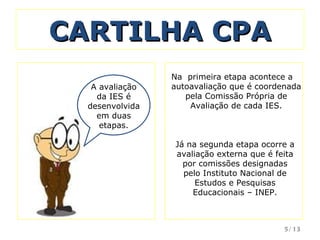 CARTILHA CPA Já na segunda etapa ocorre a avaliação externa que é feita por comissões designadas pelo Instituto Nacional de Estudos e Pesquisas Educacionais – INEP. A avaliação da IES é desenvolvida em duas etapas. Na  primeira etapa acontece a  autoavaliação que é coordenada pela Comissão Própria de Avaliação de cada IES. /13 