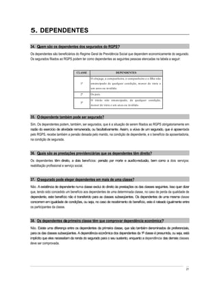 5. DEPENDENTES

34. Quem são os dependentes dos segurados do RGPS?
Os dependentes são beneficiários do Regime Geral de Previdência Social que dependem economicamente do segurado.
Os segurados filiados ao RGPS podem ter como dependentes as seguintes pessoas elencadas na tabela a seguir:


                                 CLASSE                            DEPENDENTES

                                            O côn ju ge, a com p an h eira, o com p an h eiro e o filh o n ão
                                    1ª      em an cip ad o de qu alqu er con dição, m en or de vin te e
                                            u m an os ou in válido.

                                    2ª      Os p ais.

                                            O irm ão n ão em an cip ado, de qu alqu er con dição,
                                    3ª
                                            m en or de vin te e u m an os ou in válido.



35. O dependente também pode ser segurado?
Sim. Os dependentes podem, também, ser segurados, que é a situação de serem filiados ao RGPS obrigatoriamente em
razão do exercício de atividade remunerada, ou facultativamente. Assim, a viúva de um segurado, que é aposentada
pelo RGPS, recebe também a pensão deixada pelo marido, na condição de dependente, e o benefício da aposentadoria,
na condição de segurada.


36. Quais são as prestações previdenciárias que os dependentes têm direito?
Os dependentes têm direito, a dois benefícios: pensão por morte e auxílio-reclusão, bem como a dois serviços:
reabilitação profissional e serviço social.


37. O segurado pode eleger dependentes em mais de uma classe?
Não. A existência de dependente numa classe exclui do direito às prestações os das classes seguintes. Isso quer dizer
que, tendo sido concedido um benefício aos dependentes de uma determinada classe, no caso de perda da qualidade de
dependente, este benefício não é transferido para as classes subseqüentes. Os dependentes de uma mesma classe
concorrem em igualdade de condições, ou seja, no caso de recebimento do benefício, este é rateado igualmente entre
os participantes da classe.


38. Os dependentes da primeira classe têm que comprovar dependência econômica?
Não. Existe uma diferença entre os dependentes da primeira classe, que são também denominados de preferenciais,
para os das classes subseqüentes. A dependência econômica dos dependentes da 1a classe é presumida, ou seja, está
implícito que eles necessitam da renda do segurado para o seu sustento, enquanto a dependência das demais classes
deve ser comprovada.




                                                                                                                  21
 