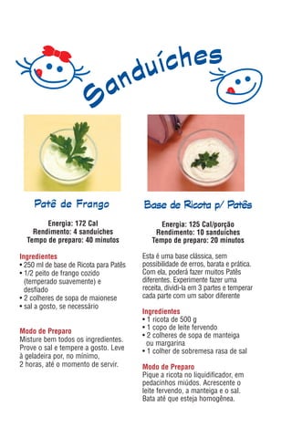 Patê de Frango                     Base de Ricota p/ Patês
        Energia: 172 Cal                      Energia: 125 Cal/porção
    Rendimento: 4 sanduíches                Rendimento: 10 sanduíches
  Tempo de preparo: 40 minutos             Tempo de preparo: 20 minutos

Ingredientes                            Esta é uma base clássica, sem
• 250 ml de base de Ricota para Patês   possibilidade de erros, barata e prática.
• 1/2 peito de frango cozido            Com ela, poderá fazer muitos Patês
  (temperado suavemente) e              diferentes. Experimente fazer uma
  desfiado                              receita, dividi-la em 3 partes e temperar
• 2 colheres de sopa de maionese        cada parte com um sabor diferente
• sal a gosto, se necessário
                                        Ingredientes
                                        • 1 ricota de 500 g
                                        • 1 copo de leite fervendo
Modo de Preparo
                                        • 2 colheres de sopa de manteiga
Misture bem todos os ingredientes.
                                          ou margarina
Prove o sal e tempere a gosto. Leve     • 1 colher de sobremesa rasa de sal
à geladeira por, no mínimo,
2 horas, até o momento de servir.       Modo de Preparo
                                        Pique a ricota no liquidificador, em
                                        pedacinhos miúdos. Acrescente o
                                        leite fervendo, a manteiga e o sal.
                                        Bata até que esteja homogênea.
 