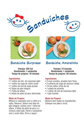 Sanduíche Surpresa                     Sanduíche Amarelinho
         Energia: 332 Cal                       Energia: 211/porção
     Rendimento: 1 sanduíche                  Rendimento: 1 sanduíche
   Tempo de preparo: 10 minutos             Tempo de preparo: 20 minutos

Ingredientes                            Ingredientes
• 1 colher de chá de maionese light     • 2 ovos cozidos, picados bem finos
• 1 colher de sopa de milho verde       • 2 colheres de sopa de cenoura ralada
• 1 colher de chá de salsa picada       • 1/4 de colher (chá) de sal
• 2 fatias de pão integral              • 1 pitada de pimenta
• 1 Folha de alface                     • 1 colher de chá de maionese light
• 3 fatias de peito de peru defumado    • 1 pão francês

Modo de Preparo                         Modo de Preparo
Misture a maionese com o milho e a      Misture bem todos os ingredientes.
salsa. Reserve. Sobre uma fatia do      Coloque nos pães e sirva.
pão integral, recheie com 1 folha de
alface, 3 fatias de peito de peru e a
mistura reservada. Feche o sanduíche
com a outra fatia. Sirva a seguir.
 