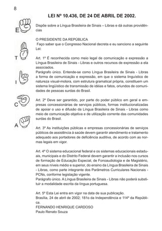 8
LEI Nº 10.436, DE 24 DE ABRIL DE 2002.
Dispõe sobre a Língua Brasileira de Sinais – Libras e dá outras providên-
cias
O PRESIDENTE DA REPÚBLICA
Faço saber que o Congresso Nacional decreta e eu sanciono a seguinte
Lei:
Art. 1º É reconhecida como meio legal de comunicação e expressão a
Língua Brasileira de Sinais - Libras e outros recursos de expressão a ela
associados.
Parágrafo único. Entende-se como Língua Brasileira de Sinais - Libras
a forma de comunicação e expressão, em que o sistema linguístico de
natureza visual-motora, com estrutura gramatical própria, constituem um
sistema lingüístico de transmissão de idéias e fatos, oriundos de comuni-
dades de pessoas surdas do Brasil.
Art. 2º Deve ser garantido, por parte do poder público em geral e em-
presas concessionárias de serviços públicos, formas institucionalizadas
de apoiar o uso e difusão da Língua Brasileira de Sinais - Libras como
meio de comunicação objetiva e de utilização corrente das comunidades
surdas do Brasil.
Art. 3º As instituições públicas e empresas concessionárias de serviços
públicos de assistência à saúde devem garantir atendimento e tratamento
adequado aos portadores de deﬁciência auditiva, de acordo com as nor-
mas legais em vigor.
Art. 4º O sistema educacional federal e os sistemas educacionais estadu-
ais, municipais e do Distrito Federal devem garantir a inclusão nos cursos
de formação de Educação Especial, de Fonoaudiologia e de Magistério,
em seus níveis médio e superior, do ensino da Língua Brasileira de Sinais
- Libras, como parte integrante dos Parâmetros Curriculares Nacionais -
PCNs, conforme legislação vigente.
Parágrafo único. A Língua Brasileira de Sinais - Libras não poderá substi-
tuir a modalidade escrita da língua portuguesa.
Art. 5º Esta Lei entra em vigor na data de sua publicação.
Brasília, 24 de abril de 2002; 181o da Independência e 114º da Repúbli-
ca.
FERNANDO HENRIQUE CARDOSO
Paulo Renato Souza
 