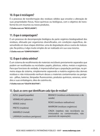 10. O que é reciclagem?
É o processo de transformação dos resíduos sólidos que envolve a alteração de
suas propriedades físicas, físico-químicas ou biológicas, com o objetivo de trans-
formá-los em insumos ou novos produtos.
(*)(Saiba mais em “RECICLAGEM”)



11. O que é compostagem?
É um processo de decomposição biológica da parte orgânica biodegradável dos
resíduos, efetuado por organismos diversificados, em condições específicas, de-
senvolvido em duas etapas distintas: uma de degradação ativa e outra de matura-
ção. Na prática, é algo muito simples de ser realizado em sua casa mesmo.
(*)(Saiba mais em “COMPOSTAGEM”)



12. O que é coleta seletiva?
É um sistema de recolhimento de materiais recicláveis previamente separados que
podem ser reutilizados ou reciclados: papéis, plásticos, vidros, metais e orgânicos.
Para que funcione de verdade, é imprescindível que a população participe, na pri-
meira etapa do sistema, simplesmente separando a matéria orgânica dos demais
resíduos e não misturando nenhum desses a materiais contaminantes ou perigo-
sos - pilhas, baterias, lâmpadas fluorescentes, produtos químicos, venenos, remé-
dios e suas embalagens, óleo de cozinha etc.
(*)(Saiba mais em “COLETA SELETIVA”)



13. Quais as cores que identificam cada tipo de resíduo?
   AZUL (papel/papelão)                  BRANCO (resíduos ambulatoriais e de
                                         saúde)
   VERMELHO (plástico)
                                         ROXO (resíduos radioativos)
   VERDE (vidro)
                                         MARROM (resíduos orgânicos)
   PRETO (madeira)
                                         CINZA (rejeitos: não recicláveis ou
   AMARELO (metal)
                                         misturados ou contaminados, não
   LARANJA (resíduos perigosos)          passíveis de separação).




       REDE MEIO AMBIENTE E PATRIMÔNIO PÚBLICO - MAP - www.redemap.com                 21
 