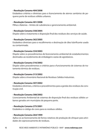 - Resolução Conama 404/2008
     Estabelece critérios e diretrizes para o licenciamento de aterros sanitários de pe-
     queno porte de resíduos sólidos urbanos.

     - Resolução Conama 401/2008
     Pilhas e Baterias – limites de substâncias e gerenciamento ambiental.

     - Resolução Conama 358/2005
     Dispõe sobre o tratamento e disposição final dos resíduos dos serviços de saúde.

     - Resolução Conama 362/2005
     Estabelece diretrizes para o recolhimento e destinação de óleo lubrificante usado
     ou contaminado.

     - Resolução Conama 334/2003
     Dispõe sobre os procedimentos de licenciamento ambiental de estabelecimentos
     destinados ao recebimento de embalagens vazias de agrotóxicos.

     - Resolução Conama 316/2002
     Dispõe sobre procedimentos e critérios para o funcionamento de sistemas de tra-
     tamento térmico de resíduos.

     - Resolução Conama 313/2002
     Dispõe sobre o Inventário Nacional de Resíduos Sólidos Industriais.

     - Resolução Conama 307/2002
     Estabelece diretrizes, critérios e procedimentos para a gestão dos resíduos da cons-
     trução civil.

     - Resolução Conama 308/2002
     Licenciamento Ambiental de sistemas de disposição final dos resíduos sólidos ur-
     banos gerados em municípios de pequeno porte.

     - Resolução Conama 275/2001
     Estabelece o código de cores para os resíduos sólidos.

     - Resolução Conama 264/1999
     Aplica-se ao licenciamento de fornos rotativos de produção de clínquer para ativi-
     dades de coprocessamento de resíduos.


46          REDE MEIO AMBIENTE E PATRIMÔNIO PÚBLICO - MAP - www.redemap.com
 