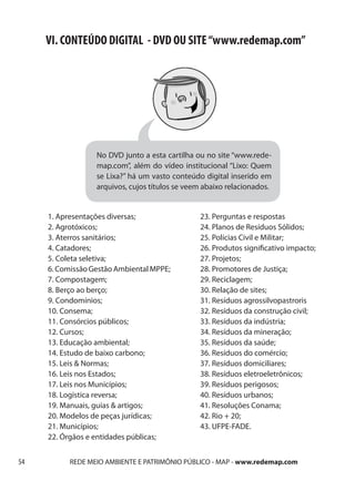 VI. CONTEÚDO DIGITAL - DVD OU SITE “www.redemap.com”




                  No DVD junto a esta cartilha ou no site “www.rede-
                  map.com”, além do vídeo institucional “Lixo: Quem
                  se Lixa?” há um vasto conteúdo digital inserido em
                  arquivos, cujos títulos se veem abaixo relacionados.


     1. Apresentações diversas;                 23. Perguntas e respostas
     2. Agrotóxicos;                            24. Planos de Resíduos Sólidos;
     3. Aterros sanitários;                     25. Polícias Civil e Militar;
     4. Catadores;                              26. Produtos significativo impacto;
     5. Coleta seletiva;                        27. Projetos;
     6. Comissão Gestão Ambiental MPPE;         28. Promotores de Justiça;
     7. Compostagem;                            29. Reciclagem;
     8. Berço ao berço;                         30. Relação de sites;
     9. Condomínios;                            31. Resíduos agrossilvopastroris
     10. Consema;                               32. Resíduos da construção civil;
     11. Consórcios públicos;                   33. Resíduos da indústria;
     12. Cursos;                                34. Resíduos da mineração;
     13. Educação ambiental;                    35. Resíduos da saúde;
     14. Estudo de baixo carbono;               36. Resíduos do comércio;
     15. Leis & Normas;                         37. Resíduos domiciliares;
     16. Leis nos Estados;                      38. Resíduos eletroeletrônicos;
     17. Leis nos Municípios;                   39. Resíduos perigosos;
     18. Logística reversa;                     40. Resíduos urbanos;
     19. Manuais, guias & artigos;              41. Resoluções Conama;
     20. Modelos de peças jurídicas;            42. Rio + 20;
     21. Municípios;                            43. UFPE-FADE.
     22. Órgãos e entidades públicas;


54         REDE MEIO AMBIENTE E PATRIMÔNIO PÚBLICO - MAP - www.redemap.com
 