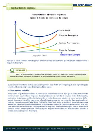 EaD SEST SENAT - Atendimento ao Usuário - suporteead@sestsenat.org.br | (61) 3315-7007 | http://www.ead.sestsenat.org.br
11
Logística: Conceitos e Aplicações
Veja que as curvas têm esse formato porque estão em acordo com os fatores que influenciam a decisão sobre a
frequência da compra.
Agora já sabemos que o custo total das atividades logísticas é dado pelo somatório dos custos de
todas as atividades envolvidas no processo ou no problema que vai ser tratado. Não é isso?
RELEMBRANDO
Outro conceito importante relativo aos custos logísticos é o do TRADE-OFF. Em português essa expressão pode
ser entendida como um processo de compensação de custos.
>> Como podemos explicá-lo?
Vamos voltar ao gráfico da frequência de compras que acabamos de estudar. Note que os custos de transporte
aumentam com o aumento da frequência da compra (observe a evolução da curva de custos de transporte),
assim como os custos de pedidos. Contrariamente, os custos de estoque reduzem-se com o aumento da fre-
quência da compra. Esse efeito inverso que a frequência da compra tem nos custos das diversas atividades lo-
gísticas é chamado de COMPENSAÇÃO DE CUSTOS OU TRADE-OFF. Assim, a decisão da frequência da compra
levando em conta os custos logísticos deve ser orientada pelo conceito de compensação de custos e deve pro-
curar a frequência que minimize o custo logístico total. No gráfico, apresentado na página anterior a frequência
ótima de compra está marcada com a linha que parte do ponto mínimo da curva de custo total e encontra o
eixo das abcissas (frequência de compra).
 