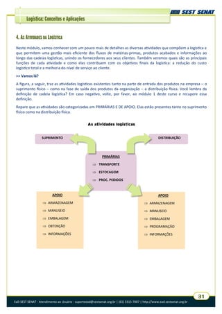 EaD SEST SENAT - Atendimento ao Usuário - suporteead@sestsenat.org.br | (61) 3315-7007 | http://www.ead.sestsenat.org.br
31
Logística: Conceitos e Aplicações
4. AS ATIVIDADES DA LOGÍSTICA
Neste módulo, vamos conhecer com um pouco mais de detalhes as diversas atividades que compõem a logística e
que permitem uma gestão mais eficiente dos fluxos de matérias-primas, produtos acabados e informações ao
longo das cadeias logísticas, unindo os fornecedores aos seus clientes. Também veremos quais são as principais
funções de cada atividade e como elas contribuem com os objetivos finais da logística: a redução do custo
logístico total e a melhoria do nível de serviço ao cliente.
>> Vamos lá?
A figura, a seguir, traz as atividades logísticas existentes tanto na parte de entrada dos produtos na empresa – o
suprimento físico – como na fase de saída dos produtos da organização – a distribuição física. Você lembra da
definição de cadeia logística? Em caso negativo, volte, por favor, ao módulo 1 deste curso e recupere essa
definição.
Repare que as atividades são categorizadas em PRIMÁRIAS E DE APOIO. Elas estão presentes tanto no suprimento
físico como na distribuição física.
As atividades logísticas
PRIMÁRIAS
 TRANSPORTE
 ESTOCAGEM
 PROC. PEDIDOS
DISTRIBUIÇÃOSUPRIMENTO
APOIO
 ARMAZENAGEM
 MANUSEIO
 EMBALAGEM
 OBTENÇÃO
 INFORMAÇÕES
APOIO
 ARMAZENAGEM
 MANUSEIO
 EMBALAGEM
 PROGRAMAÇÃO
 INFORMAÇÕES
 