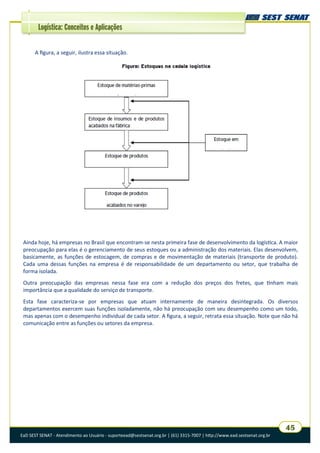 EaD SEST SENAT - Atendimento ao Usuário - suporteead@sestsenat.org.br | (61) 3315-7007 | http://www.ead.sestsenat.org.br
45
Logística: Conceitos e Aplicações
A figura, a seguir, ilustra essa situação.
Ainda hoje, há empresas no Brasil que encontram-se nesta primeira fase de desenvolvimento da logística. A maior
preocupação para elas é o gerenciamento de seus estoques ou a administração dos materiais. Elas desenvolvem,
basicamente, as funções de estocagem, de compras e de movimentação de materiais (transporte de produto).
Cada uma dessas funções na empresa é de responsabilidade de um departamento ou setor, que trabalha de
forma isolada.
Outra preocupação das empresas nessa fase era com a redução dos preços dos fretes, que tinham mais
importância que a qualidade do serviço de transporte.
Esta fase caracteriza-se por empresas que atuam internamente de maneira desintegrada. Os diversos
departamentos exercem suas funções isoladamente, não há preocupação com seu desempenho como um todo,
mas apenas com o desempenho individual de cada setor. A figura, a seguir, retrata essa situação. Note que não há
comunicação entre as funções ou setores da empresa.
 