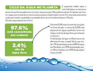 É importante refletir sobre o
ciclo hidrológico na natureza e
pensar de que forma poderemos nos inserir nesse processo. Não podemos pensar em apenas usar e po-
luir a água, pois se trata de um recurso essencial para a vida de todos os seres. Por essa razão, precisamos
cuidar para manter a qualidade e quantidade desse recurso fundamental para o Planeta.
De toda a água disponível na Terra:
Ciclo da Água no Planeta
97,6%
está concentrada
nos oceanos
2,4%
são de
água doce
6
Somente 0,31% está concentrado nos pólos
na forma de gelo e menos de 0,02% está
disponível em águas superficiais, como rios
elagos,naformadeáguafresca,prontapara
o consumo.
A distribuição da água no Brasil ocorre de
diferentes formas: a região Norte, que con-
tém 7% da população, possui 68% da água;
já o Nordeste, com 29% da população, pos-
sui3%;eoSudeste,com43%dapopulação,
conta com 6%.
 