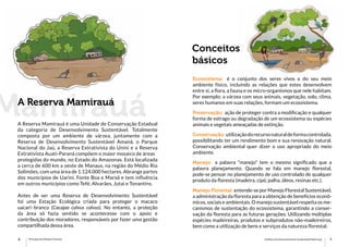 6 7Princípios de Manejo Florestal Instituto de Desenvolvimento Sustentável Mamirauá
MamirauáA Reserva Mamirauá
A Reserva Mamirauá é uma Unidade de Conservação Estadual
da categoria de Desenvolvimento Sustentável. Totalmente
composta por um ambiente de várzea, juntamente com a
Reserva de Desenvolvimento Sustentável Amanã, o Parque
Nacional do Jaú, a Reserva Extrativista do Unini e a Reserva
Extrativista Auati-Paraná compõem o maior mosaico de áreas
protegidas do mundo, no Estado do Amazonas. Está localizada
a cerca de 600 km a oeste de Manaus, na região do Médio Rio
Solimões, com uma área de 1.124.000 hectares. Abrange partes
dos municípios de Uarini, Fonte Boa e Maraã e tem influência
em outros municípios como Tefé, Alvarães, Jutaí e Tonantins.
Antes de ser uma Reserva de Desenvolvimento Sustentável
foi uma Estação Ecológica criada para proteger o macaco
uacari–branco (Cacajao calvus calvus). No entanto, a proteção
da área só fazia sentido se acontecesse com o apoio e
contribuição dos moradores, responsáveis por fazer uma gestão
compartilhada dessa área.
Ecossistema: é o conjunto dos seres vivos e do seu meio
ambiente físico, incluindo as relações que estes desenvolvem
entre si, a flora, a fauna e os micro-organismos que nele habitam.
Por exemplo: a várzea com seus animais, vegetação, solo, clima,
seres humanos em suas relações, formam um ecossistema.
Preservação: ação de proteger contra a modificação e qualquer
forma de estrago ou degradação de um ecossistema ou espécies
animais e vegetais ameaçadas de extinção.
Conservação:utilizaçãodorecursonaturaldeformacontrolada,
possibilitando ter um rendimento bom e sua renovação natural.
Conservação ambiental quer dizer o uso apropriado do meio
ambiente.
Manejo: a palavra “manejo” tem o mesmo significado que a
palavra planejamento. Quando se fala em manejo florestal,
pode-se pensar no planejamento de uso controlado de qualquer
produto da floresta (madeira, cipó, palha, óleos, resinas etc.).
Manejo Florestal: entende-se por Manejo Florestal Sustentável,
a administração da floresta para a obtenção de benefícios econô-
micos, sociais e ambientais. O manejo sustentável respeita os me-
canismos de sustentação do ecossistema, garantindo a conser-
vação da floresta para as futuras gerações. Utilizando múltiplas
espécies madeireiras, produtos e subprodutos não-madeireiros,
bem como a utilização de bens e serviços da natureza florestal.
Conceitos
básicos
 