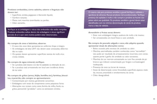 34 35
Amendoim e frutas secas devem:
•	 Estar com embalagem íntegra, ausência de mofo e de insetos;
•	 Ser armazenados em local fresco e sem umidade.
Na compra de pescado salgado e seco, não adquira quando
apresentar sinais de alterações como:
•	 Bolor, causado pelo excesso de umidade ou calor;
•	 Manchas avermelhadas, também conhecidas como “vermelhão”:
isto pode ser resultado de armazenamento incorreto, com conse-
quente perda e ganho de umidade ou calor excessivo;
•	 Manchas de cor marrom acinzentado ou com fina camada de pó
branco que indicam contaminação por fungos e armazenagem
inadequada;
•	 Presença de ovos ou larvas de moscas;
•	 Sinais de deterioração como: limosidade superficial, aspecto mela-
do, viscoso, amarelado e amolecimento da carne;
•	 Odor desagradável.
O mesmo vale para produtos vendidos a granel.Verifique a validade e
aparência do alimento.Recuse produtos mal acondicionados. Verifique
presença de sujidades e mofo e não compre o produto se houver sus-
peitas sobre sua qualidade.Os produtos vendidos a granel devem estar
identificados com no mínimo:denominação de venda do produto,
marca e data de validade.
Produtos embutidos, como salsicha, salame e linguiças não
devem ter:
•	 Superfícies úmidas, pegajosas e liberando líquido;
•	 Gordura rançosa;
•	 Massa com manchas esverdeadas ou pardas;
•	 Odor estranho.
Na compra de ovos e laticínios, observe:
•	 A casca dos ovos deve apresentar-se uniforme, limpa e íntegra;
•	 As embalagens de leite UHT não devem estar amassadas, deforma-
das ou sujas;
•	 Os queijos devem apresentar superfícies isentas de mofo e/ou
crosta melada.
Na compra de água mineral, verifique:
•	 Se o produto está intacto e se não há sujidades ou alteração da cor;
•	 Se o produto está armazenado em local sem incidência direta
de luz solar.
Na compra de grãos (arroz, feijão, lentilha etc), farinhas, biscoi-
tos, macarrão, não compre se apresentarem:
•	 Contaminação por insetos, geralmente carunchos;
•	 Embalagens com sinais de rompimento como pequenos furos;
•	 Alterações nos cereais como aveia, farinha de milho, farelo ou
grãos, parecendo “grudados” como se estivessem úmidos.
Verifique se as embalagens a vácuo dos embutidos não estão rompidas.
Produtos embutidos soltos dentro de embalagens à vácuo significam
entrada de ar e por este motivo podem estar deteriorados.
 