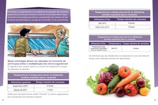 52 53
Os alimentos que não obedecerem às temperaturas e aos intervalos de
tempo, acima indicados, deverão ser descartados.
Os balcões, os equipamentos e os recipientes de exposição dos alimentos
preparados prontos para consumo na área de consumação devem dispor
de barreira de proteção que previna a contaminação dos mesmos em de-
corrência da proximidade ou da ação do consumidor ou de outras fontes.
Quais estratégias devem ser adotadas no momento de
servir para evitar a multiplicação dos micro-organismos?
O segredo é ficar sempre atento ao controle de temperatura e tempo
de exposição do alimento.
Utilize para isso banho-maria, estufa,“réchaud” ou outros equipamentos
para manutenção dos alimentos quentes.
 