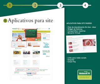 1           2           3                          4



1   Aplicativos para site       APLICATIVOS PARA SITE PADRÃO

                                -   Chat de Atendimento On-line - Aton
                                -   Widget de Notícias
                                -   Compartilhar matérias
                                -   Berçario Virtual




                                - Links para redes sociais
                                - Enquete
                                - Corpo Faq
 