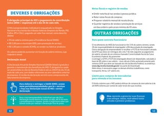 12 13
DEVERES E OBRIGAÇÕES
É obrigação principal do MEI o pagamento da contribuição
única (INSS + impostos) até o dia 20 de cada mês.
O Microempreendedor Individual é enquadrado no Simples
Nacional e fica isento dos tributos federais (Imposto de Renda, PIS,
Cofins, IPI e CSLL), pagando um valor fixo mensal, como descrito
abaixo:
• 5% do salário mínimo para a Previdência Social (INSS);
• R$ 5,00 para o município (ISS), para prestação de serviço;
• R$ 1,00 para o estado (ICMS), se vender ou fabricar produtos.
Os valores poderão aumentar em função do salário mínimo, cujo
reajuste é anual.
Declaração Anual
A Declaração Anual do Simples Nacional (DASN-Simei) é gratuita e
garante a manutenção dos benefícios do MEI. É obrigatória e pode
ser preenchida no site da Receita Federal até as 23h59 do dia 31 de
maio de cada ano, com dados referentes ao ano-calendário anterior
da empresa. O recibo da declaração servirá como comprovante do
faturamento da empresa.
Para elaborar e entregar a DASN-SIMEI, acesse
www.portaldoempreendedor.gov.br > serviços
> Faça sua Declaração Anual do MEI > enviar
declaração
Para o microempreendedor Individual que não fez a
Declaração Anual dentro do prazo, ou seja, até 31 de maio,
o procedimento é o mesmo, porém é importante saber que
haverá multa por realizar a declaração fora do prazo.
Notas fiscais e registro de vendas
• Emitir nota fiscal nas vendas à pessoa jurídica;
• Reter notas fiscais de compras;
• Preparar relatório mensal de receita bruta;
• Guardar registros de vendas e prestação de serviços
em boa ordem e pelo prazo mínimo de 05 anos.
Para quem contrata funcionário
O recolhimento do INSS do funcionário é de 11% do salário mínimo, sendo
3% de responsabilidade do empregador e 8% descontado do empregado.
Outra obrigação do empreendedor é recolher o FGTS do funcionário através
da GFIP, que deve ser entregue até o dia 7 do mês seguinte ao pagamento
do salário, através de um sistema chamado Conectividade Social da Caixa
Econômica Federal. Ao preencher
e entregar a GFIP, o FGTS do empregado deverá ser depositado, calculado à
base de 8% sobre o seu salário – esse cálculo é feito automaticamente pelo
sistema GFIP, que deve ser baixado do site da Receita Federal, no endereço
www.idg.receita.fazenda.gov.br (na parte de Download).
Além disso, é necessário pagar os demais direitos trabalhistas, como
transporte, férias, 13º salário etc.
Limite para compras de mercadorias
para revenda e/ou insumos
O limite máximo que o MEI poderá efetuar de compras de mercadorias é de
até 80% (oitenta por cento) do valor bruto de suas receitas.
OUTRAS OBRIGAÇÕES
Dica: Aprenda a gerenciar suas finanças
e seu estoque. Assim, você saberá tomar
atitudes e prevenir problemas.
 