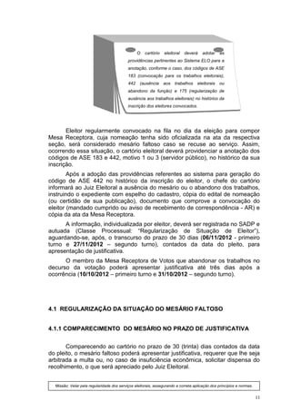 O   cartório   eleitoral   deverá    adotar    as
                                           providências pertinentes ao Sistema ELO para a
                                           anotação, conforme o caso, dos códigos de ASE
                                           183 (convocação para os trabalhos eleitorais),
                                           442    (ausência     aos   trabalhos    eleitorais   ou
                                           abandono da função) e 175 (regularização de
                                           ausência aos trabalhos eleitorais) no histórico da
                                           inscrição dos eleitores convocados.




       Eleitor regularmente convocado na fila no dia da eleição para compor
Mesa Receptora, cuja nomeação tenha sido oficializada na ata da respectiva
seção, será considerado mesário faltoso caso se recuse ao serviço. Assim,
ocorrendo essa situação, o cartório eleitoral deverá providenciar a anotação dos
códigos de ASE 183 e 442, motivo 1 ou 3 (servidor público), no histórico da sua
inscrição.
        Após a adoção das providências referentes ao sistema para geração do
código de ASE 442 no histórico da inscrição do eleitor, o chefe do cartório
informará ao Juiz Eleitoral a ausência do mesário ou o abandono dos trabalhos,
instruindo o expediente com espelho do cadastro, cópia do edital de nomeação
(ou certidão de sua publicação), documento que comprove a convocação do
eleitor (mandado cumprido ou aviso de recebimento de correspondência - AR) e
cópia da ata da Mesa Receptora.
      A informação, individualizada por eleitor, deverá ser registrada no SADP e
autuada (Classe Processual: “Regularização de Situação de Eleitor”),
aguardando-se, após, o transcurso do prazo de 30 dias (06/11/2012 - primeiro
turno e 27/11/2012 – segundo turno), contados da data do pleito, para
apresentação de justificativa.
      O membro da Mesa Receptora de Votos que abandonar os trabalhos no
decurso da votação poderá apresentar justificativa até três dias após a
ocorrência (10/10/2012 – primeiro turno e 31/10/2012 – segundo turno).




4.1 REGULARIZAÇÃO DA SITUAÇÃO DO MESÁRIO FALTOSO


4.1.1 COMPARECIMENTO DO MESÁRIO NO PRAZO DE JUSTIFICATIVA


       Comparecendo ao cartório no prazo de 30 (trinta) dias contados da data
do pleito, o mesário faltoso poderá apresentar justificativa, requerer que lhe seja
arbitrada a multa ou, no caso de insuficiência econômica, solicitar dispensa do
recolhimento, o que será apreciado pelo Juiz Eleitoral.


  Missão: Velar pela regularidade dos serviços eleitorais, assegurando a correta aplicação dos princípios e normas.


                                                                                                                      11
 