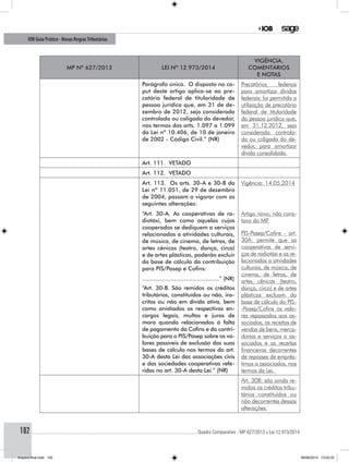 ............................................................................................................................................ Quadro Comparativo - MP 627/2013 x Lei 12.973/2014102
IOB Guia Prático - Novas RegrasTributárias
MP nº 627/2013 Lei nº 12.973/2014
Vigência,
comentários
e notas
Parágrafo único. O disposto no ca-
put deste artigo aplica-se ao pre-
catório federal de titularidade de
pessoa jurídica que, em 31 de de-
zembro de 2012, seja considerada
controlada ou coligada do devedor,
nos termos dos arts. 1.097 a 1.099
da Lei nº 10.406, de 10 de janeiro
de 2002 - Código Civil.” (NR)
Precatórios federais
para amortizar dívidas
federais: foi permitida a
utilização de precatório
federal de titularidade
da pessoa jurídica que,
em 31.12.2012, seja
considerada controla-
da ou coligada do de-
vedor, para amortizar
dívida consolidada.
Art. 111. VETADO
Art. 112. VETADO
Art. 113. Os arts. 30-A e 30-B da
Lei nº 11.051, de 29 de dezembro
de 2004, passam a vigorar com as
seguintes alterações:
Vigência: 14.05.2014
“Art. 30-A. As cooperativas de ra-
diotáxi, bem como aquelas cujos
cooperados se dediquem a serviços
relacionados a atividades culturais,
de música, de cinema, de letras, de
artes cênicas (teatro, dança, circo)
e de artes plásticas, poderão excluir
da base de cálculo da contribuição
para PIS/Pasep e Cofins:
Artigo novo; não cons-
tava da MP.
PIS-Pasep/Cofins - art.
30A: permite que as
cooperativas de servi-
ços de radiotáxi e as re-
lacionadas a atividades
culturais, de música, de
cinema, de letras, de
artes cênicas (teatro,
dança, circo) e de artes
plásticas excluam da
base de cálculo do PIS-
-Pasep/Cofins os valo-
res repassados aos as-
sociados, as receitas de
vendas de bens, merca-
dorias e serviços a as-
sociados e as receitas
financeiras decorrentes
de repasses de emprés-
timos a associados, nos
termos da Lei.
..............................................” (NR)
“Art. 30-B. São remidos os créditos
tributários, constituídos ou não, ins-
critos ou não em dívida ativa, bem
como anistiados os respectivos en-
cargos legais, multas e juros de
mora quando relacionados à falta
de pagamento da Cofins e da contri-
buição para o PIS/Pasep sobre os va-
lores passíveis de exclusão das suas
bases de cálculo nos termos do art.
30-A desta Lei das associações civis
e das sociedades cooperativas refe-
ridas no art. 30-A desta Lei.” (NR)
Art. 30B: são ainda re-
midos os créditos tribu-
tários constituídos ou
não decorrentes dessas
alterações.
Arquivo final.indd 102 09/06/2014 13:52:22
 