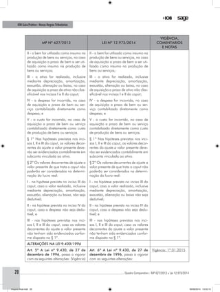 ............................................................................................................................................ Quadro Comparativo - MP 627/2013 x Lei 12.973/201420
IOB Guia Prático - Novas RegrasTributárias
MP nº 627/2013 Lei nº 12.973/2014
Vigência,
comentários
e notas
II - o bem for utilizado como insumo na
produção de bens ou serviços, no caso
de aquisição a prazo de bem a ser uti-
lizado como insumo na produção de
bens ou serviços;
II - o bem for utilizado como insumo na
produção de bens ou serviços, no caso
de aquisição a prazo de bem a ser uti-
lizado como insumo na produção de
bens ou serviços;
III - o ativo for realizado, inclusive
mediante depreciação, amortização,
exaustão, alienação ou baixa, no caso
de aquisição a prazo de ativo não clas-
sificável nos incisos I e II do caput;
III - o ativo for realizado, inclusive
mediante depreciação, amortização,
exaustão, alienação ou baixa, no caso
de aquisição a prazo de ativo não clas-
sificável nos incisos I e II do caput;
IV - a despesa for incorrida, no caso
de aquisição a prazo de bem ou ser-
viço contabilizado diretamente como
despesa; e
IV - a despesa for incorrida, no caso
de aquisição a prazo de bem ou ser-
viço contabilizado diretamente como
despesa; e
V - o custo for incorrido, no caso de
aquisição a prazo de bem ou serviço
contabilizado diretamente como custo
de produção de bens ou serviços.
V - o custo for incorrido, no caso de
aquisição a prazo de bem ou serviço
contabilizado diretamente como custo
de produção de bens ou serviços.
§ 1º Nas hipóteses previstas nos inci-
sos I, II e III do caput, os valores decor-
rentes do ajuste a valor presente deve-
rão ser evidenciados contabilmente em
subconta vinculada ao ativo.
§ 1º Nas hipóteses previstas nos inci-
sos I, II e III do caput, os valores decor-
rentes do ajuste a valor presente deve-
rão ser evidenciados contabilmente em
subconta vinculada ao ativo.
§ 2º Os valores decorrentes de ajuste a
valor presente de que trata o caput não
poderão ser considerados na determi-
nação do lucro real:
§ 2º Os valores decorrentes de ajuste a
valor presente de que trata o caput não
poderão ser considerados na determi-
nação do lucro real:
I - na hipótese prevista no inciso III do
caput, caso o valor realizado, inclusive
mediante depreciação, amortização,
exaustão, alienação ou baixa, não seja
dedutível;
I - na hipótese prevista no inciso III do
caput, caso o valor realizado, inclusive
mediante depreciação, amortização,
exaustão, alienação ou baixa não seja
dedutível;
II - na hipótese prevista no inciso IV do
caput, caso a despesa não seja dedu-
tível; e
II - na hipótese prevista no inciso IV do
caput, caso a despesa não seja dedu-
tível; e
III - nas hipóteses previstas nos inci-
sos I, II e III do caput, caso os valores
decorrentes do ajuste a valor presente
não tenham sido evidenciados confor-
me disposto no § 1º.
III - nas hipóteses previstas nos inci-
sos I, II e III do caput, caso os valores
decorrentes do ajuste a valor presente
não tenham sido evidenciados confor-
me disposto no § 1º.
ALTERAÇÕES NA LEI 9.430/1996
Art. 5º A Lei nº 9.430, de 27 de
dezembro de 1996, passa a vigorar
com as seguintes alterações: (Vigência)
Art. 6º A Lei nº 9.430, de 27 de
dezembro de 1996, passa a vigorar
com as seguintes alterações:
Vigência: 1º.01.2015
Arquivo final.indd 20 09/06/2014 13:52:15
 
