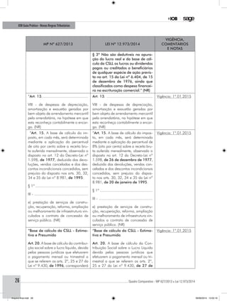 ............................................................................................................................................ Quadro Comparativo - MP 627/2013 x Lei 12.973/201426
IOB Guia Prático - Novas RegrasTributárias
MP nº 627/2013 Lei nº 12.973/2014
Vigência,
comentários
e notas
§ 3º Não são dedutíveis na apura-
ção do lucro real e da base de cál-
culo da CSLL os lucros ou dividendos
pagos ou creditados a beneficiários
de qualquer espécie de ação previs-
ta no art. 15 da Lei nº 6.404, de 15
de dezembro de 1976, ainda que
classificados como despesa financei-
ra na escrituração comercial.” (NR)
“Art. 13............................................
VIII - de despesas de depreciação,
amortização e exaustão geradas por
bem objeto de arrendamento mercantil
pela arrendatária, na hipótese em que
esta reconheça contabilmente o encar-
go. (NR)
Art. 13. ...........................................
VIII - de despesas de depreciação,
amortização e exaustão geradas por
bem objeto de arrendamento mercantil
pela arrendatária, na hipótese em que
esta reconheça contabilmente o encar-
go. (NR)
Vigência: 1º.01.2015
“Art. 15. A base de cálculo do im-
posto, em cada mês, será determinada
mediante a aplicação do percentual
de oito por cento sobre a receita bru-
ta auferida mensalmente, observado o
disposto no art. 12 do Decreto-Lei nº
1.598, de 1977, deduzida das devo-
luções, vendas canceladas e dos des-
contos incondicionais concedidos, sem
prejuízo do disposto nos arts. 30, 32,
34 e 35 da Lei nº 8.981, de 1995.
§ 1º..................................................
III - ...................................................
e) prestação de serviços de constru-
ção, recuperação, reforma, ampliação
ou melhoramento de infraestrutura vin-
culados a contrato de concessão de
serviço público. (NR)
“Art. 15. A base de cálculo do impos-
to, em cada mês, será determinada
mediante a aplicação do percentual de
8% (oito por cento) sobre a receita bru-
ta auferida mensalmente, observado o
disposto no art. 12 do Decreto-Lei nº
1.598, de 26 de dezembro de 1977,
deduzida das devoluções, vendas can-
celadas e dos descontos incondicionais
concedidos, sem prejuízo do dispos-
to nos arts. 30, 32, 34 e 35 da Lei nº
8.981, de 20 de janeiro de 1995.
§ 1º..................................................
III - ...................................................
e) prestação de serviços de constru-
ção, recuperação, reforma, ampliação
ou melhoramento de infraestrutura vin-
culados a contrato de concessão de
serviço público. (NR)
Vigência: 1º.01.2015
“Base de cálculo da CSLL - Estima-
tiva e Presumido
Art. 20. A base de cálculo da contribui-
ção social sobre o lucro líquido, devida
pelas pessoas jurídicas que efetuarem
o pagamento mensal ou trimestral a
que se referem os arts. 2º, 25 e 27 da
Lei nº 9.430, de 1996, corresponderá
“Base de cálculo da CSLL - Estima-
tiva e Presumido
Art. 20. A base de cálculo da Con-
tribuição Social sobre o Lucro Líquido
devida pelas pessoas jurídicas que
efetuarem o pagamento mensal ou tri-
mestral a que se referem os arts. 2º,
25 e 27 da Lei nº 9.430, de 27 de
Vigência: 1º.01.2015
Arquivo final.indd 26 09/06/2014 13:52:16
 