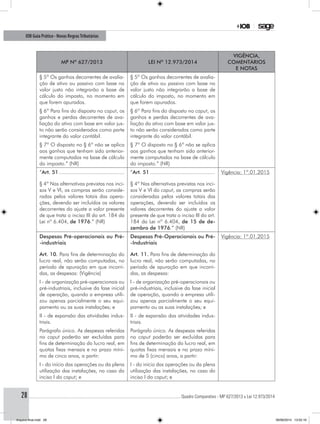 ............................................................................................................................................ Quadro Comparativo - MP 627/2013 x Lei 12.973/201428
IOB Guia Prático - Novas RegrasTributárias
MP nº 627/2013 Lei nº 12.973/2014
Vigência,
comentários
e notas
§ 5º Os ganhos decorrentes de avalia-
ção de ativo ou passivo com base no
valor justo não integrarão a base de
cálculo do imposto, no momento em
que forem apurados.
§ 5º Os ganhos decorrentes de avalia-
ção de ativo ou passivo com base no
valor justo não integrarão a base de
cálculo do imposto, no momento em
que forem apurados.
§ 6º Para fins do disposto no caput, os
ganhos e perdas decorrentes de ava-
liação do ativo com base em valor jus-
to não serão considerados como parte
integrante do valor contábil.
§ 6º Para fins do disposto no caput, os
ganhos e perdas decorrentes de ava-
liação do ativo com base em valor jus-
to não serão considerados como parte
integrante do valor contábil.
§ 7º O disposto no § 6º não se aplica
aos ganhos que tenham sido anterior-
mente computados na base de cálculo
do imposto.” (NR)
§ 7º O disposto no § 6º não se aplica
aos ganhos que tenham sido anterior-
mente computados na base de cálculo
do imposto.” (NR)
“Art. 51............................................
§ 4º Nas alternativas previstas nos inci-
sos V e VI, as compras serão conside-
radas pelos valores totais das opera-
ções, devendo ser incluídos os valores
decorrentes do ajuste a valor presente
de que trata o inciso III do art. 184 da
Lei nº 6.404, de 1976.” (NR)
“Art. 51............................................
§ 4º Nas alternativas previstas nos inci-
sos V e VI do caput, as compras serão
consideradas pelos valores totais das
operações, devendo ser incluídos os
valores decorrentes do ajuste a valor
presente de que trata o inciso III do art.
184 da Lei nº 6.404, de 15 de de-
zembro de 1976.” (NR)
Vigência: 1º.01.2015
Despesas Pré-operacionais ou Pré-
-industriais
Art. 10. Para fins de determinação do
lucro real, não serão computadas, no
período de apuração em que incorri-
das, as despesas: (Vigência)
Despesas Pré-Operacionais ou Pré-
-Industriais
Art. 11. Para fins de determinação do
lucro real, não serão computadas, no
período de apuração em que incorri-
das, as despesas:
Vigência: 1º.01.2015
I - de organização pré-operacionais ou
pré-industriais, inclusive da fase inicial
de operação, quando a empresa utili-
zou apenas parcialmente o seu equi-
pamento ou as suas instalações; e
I - de organização pré-operacionais ou
pré-industriais, inclusive da fase inicial
de operação, quando a empresa utili-
zou apenas parcialmente o seu equi-
pamento ou as suas instalações; e
II - de expansão das atividades indus-
triais.
II - de expansão das atividades indus-
triais.
Parágrafo único. As despesas referidas
no caput poderão ser excluídas para
fins de determinação do lucro real, em
quotas fixas mensais e no prazo míni-
mo de cinco anos, a partir:
Parágrafo único. As despesas referidas
no caput poderão ser excluídas para
fins de determinação do lucro real, em
quotas fixas mensais e no prazo míni-
mo de 5 (cinco) anos, a partir:
I - do início das operações ou da plena
utilização das instalações, no caso do
inciso I do caput; e
I - do início das operações ou da plena
utilização das instalações, no caso do
inciso I do caput; e
Arquivo final.indd 28 09/06/2014 13:52:16
 