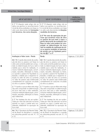............................................................................................................................................ Quadro Comparativo - MP 627/2013 x Lei 12.973/201430
IOB Guia Prático - Novas RegrasTributárias
MP nº 627/2013 Lei nº 12.973/2014
Vigência,
comentários
e notas
§ 5º O disposto neste artigo não se
aplica aos ganhos no reconhecimento
inicial de ativos avaliados com base no
valor justo decorrentes de transações
com terceiros, tais como doações.
§ 5º O disposto neste artigo não se
aplica aos ganhos no reconhecimen-
to inicial de ativos avaliados com base
no valor justo decorrentes de doações
recebidas de terceiros.
§ 6º No caso de operações de per-
muta que envolvam troca de ativo
ou passivo de que trata o caput, o
ganho decorrente da avaliação com
base no valor justo poderá ser com-
putado na determinação do lucro
real na medida da realização do ati-
vo ou passivo recebido na permuta,
de acordo com as hipóteses previs-
tas nos §§ 1º a 4º.
Avaliação a Valor Justo - Perda
Art. 13. A perda decorrente de avalia-
ção de ativo ou passivo com base no
valor justo somente poderá ser compu-
tada na determinação do lucro real à
medida que o ativo for realizado, in-
clusive mediante depreciação, amorti-
zação, exaustão, alienação ou baixa,
ou quando o passivo for liquidado ou
baixado, e desde que a respectiva re-
dução no valor do ativo ou aumento
no valor do passivo seja evidenciada
contabilmente em subconta vinculada
ao ativo ou passivo. (Vigência)
Perda
Art. 14. A perda decorrente de avalia-
ção de ativo ou passivo com base no
valor justo somente poderá ser compu-
tada na determinação do lucro real à
medida que o ativo for realizado, in-
clusive mediante depreciação, amorti-
zação, exaustão, alienação ou baixa,
ou quando o passivo for liquidado ou
baixado, e desde que a respectiva re-
dução no valor do ativo ou aumento
no valor do passivo seja evidenciada
contabilmente em subconta vinculada
ao ativo ou passivo.
Vigência: 1º.01.2015
§ 1º A perda a que se refere este artigo
não será computada na determinação
do lucro real caso o valor realizado,
inclusive mediante depreciação, amor-
tização, exaustão, alienação ou baixa,
seja indedutível.
§ 1º A perda a que se refere este artigo
não será computada na determinação
do lucro real caso o valor realizado,
inclusive mediante depreciação, amor-
tização, exaustão, alienação ou baixa,
seja indedutível.
§ 2º Na hipótese de não ser eviden-
ciada por meio de subconta na forma
prevista no caput, a perda será con-
siderada indedutível na apuração do
lucro real.
§ 2º Na hipótese de não ser eviden-
ciada por meio de subconta na forma
prevista no caput, a perda será con-
siderada indedutível na apuração do
lucro real.
Art. 14. A Secretaria da Receita Fede-
ral do Brasil irá disciplinar o controle
em subcontas previsto nos arts. 4º, 12
e 13.
Art. 15. A Secretaria da Receita Fede-
ral do Brasil irá disciplinar o controle
em subcontas previsto nos arts. 5º, 13
e 14.
Vigência 1º.01.2015
Arquivo final.indd 30 09/06/2014 13:52:16
 