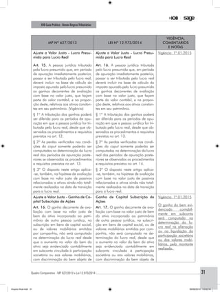 Quadro Comparativo - MP 627/2013 x Lei 12.973/2014..............................................................................................................................................31
IOB Guia Prático - Novas RegrasTributárias
MP nº 627/2013 Lei nº 12.973/2014
Vigência,
comentários
e notas
Ajuste a Valor Justo - Lucro Presu-
mido para Lucro Real
Art. 15. A pessoa jurídica tributada
pelo lucro presumido que, em período
de apuração imediatamente posterior,
passar a ser tributada pelo lucro real,
deverá incluir na base de cálculo do
imposto apurado pelo lucro presumido
os ganhos decorrentes de avaliação
com base no valor justo, que façam
parte do valor contábil, e na propor-
ção deste, relativos aos ativos constan-
tes em seu patrimônio. (Vigência)
Ajuste a Valor Justo - Lucro Presu-
mido para Lucro Real
Art. 16. A pessoa jurídica tributada
pelo lucro presumido que, em período
de apuração imediatamente posterior,
passar a ser tributada pelo lucro real
deverá incluir na base de cálculo do
imposto apurado pelo lucro presumido
os ganhos decorrentes de avaliação
com base no valor justo, que façam
parte do valor contábil, e na propor-
ção deste, relativos aos ativos constan-
tes em seu patrimônio.
Vigência: 1º.01.2015
§ 1º A tributação dos ganhos poderá
ser diferida para os períodos de apu-
ração em que a pessoa jurídica for tri-
butada pelo lucro real, desde que ob-
servados os procedimentos e requisitos
previstos no art. 12.
§ 1º A tributação dos ganhos poderá
ser diferida para os períodos de apu-
ração em que a pessoa jurídica for tri-
butada pelo lucro real, desde que ob-
servados os procedimentos e requisitos
previstos no art. 13.
§ 2º As perdas verificadas nas condi-
ções do caput somente poderão ser
computadas na determinação do lucro
real dos períodos de apuração poste-
riores se observados os procedimentos
e requisitos previstos no art. 13.
§ 2º As perdas verificadas nas condi-
ções do caput somente poderão ser
computadas na determinação do lucro
real dos períodos de apuração poste-
riores se observados os procedimentos
e requisitos previstos no art. 14.
§ 3º O disposto neste artigo aplica-
-se, também, na hipótese de avaliação
com base no valor justo de passivos
relacionados a ativos ainda não total-
mente realizados na data de transição
para o lucro real.
§ 3º O disposto neste artigo aplica-
-se, também, na hipótese de avaliação
com base no valor justo de passivos
relacionados a ativos ainda não total-
mente realizados na data de transição
para o lucro real.
Ajuste a Valor Justo - Ganho de Ca-
pital Subscrição de Ações
Ganho de Capital Subscrição de
Ações
Vigência: 1º.01.2015
O ganho do bem evi-
denciado contabil-
mente em subconta
será computado na
determinação do lu-
cro real na alienação
ou na liquidação da
participação societária
ou dos valores mobi-
liários, pelo montante
realizado.
Art. 16. O ganho decorrente de ava-
liação com base no valor justo de
bem do ativo incorporado ao patri-
mônio de outra pessoa jurídica, na
subscrição em bens de capital social,
ou de valores mobiliários emitidos
por companhia, não será computado
na determinação do lucro real desde
que o aumento no valor do bem do
ativo seja evidenciado contabilmente
em subconta vinculada à participação
societária ou aos valores mobiliários,
com discriminação do bem objeto de
Art. 17. O ganho decorrente de ava-
liação com base no valor justo de bem
do ativo incorporado ao patrimônio
de outra pessoa jurídica, na subscri-
ção em bens de capital social, ou de
valores mobiliários emitidos por com-
panhia, não será computado na de-
terminação do lucro real, desde que
o aumento no valor do bem do ativo
seja evidenciado contabilmente em
subconta vinculada à participação
societária ou aos valores mobiliários,
com discriminação do bem objeto de
Arquivo final.indd 31 09/06/2014 13:52:16
 