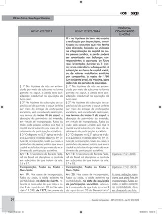 ............................................................................................................................................ Quadro Comparativo - MP 627/2013 x Lei 12.973/201434
IOB Guia Prático - Novas RegrasTributárias
MP nº 627/2013 Lei nº 12.973/2014
Vigência,
comentários
e notas
III - na hipótese de bem não sujeito
a realização por depreciação, amor-
tização ou exaustão que não tenha
sido alienado, baixado ou utilizado
na integralização do capital de ou-
tra pessoa jurídica, a perda poderá
ser amortizada nos balanços cor-
respondentes à apuração de lucro
real, levantados durante os 5 (cin-
co) anos-calendário subsequentes à
subscrição em bens de capital social,
ou de valores mobiliários emitidos
por companhia, à razão de 1/60
(um sessenta avos), no máximo, para
cada mês do período de apuração.
§ 1º Na hipótese de não ser eviden-
ciada por meio de subconta na forma
prevista no caput, a perda será con-
siderada indedutível na apuração do
lucro real.
§ 1º Na hipótese de não ser eviden-
ciada por meio de subconta na forma
prevista no caput, a perda será con-
siderada indedutível na apuração do
lucro real.
§ 2º Na hipótese da subscrição de ca-
pital social de que trata o caput ser feita
por meio da entrega de participação
societária, será considerada realização,
nos termos do inciso III do caput, a
absorção do patrimônio da investida,
em virtude de incorporação, fusão ou
cisão, pela pessoa jurídica que teve o
capital social subscrito por meio do re-
cebimento da participação societária.
§ 2º Na hipótese da subscrição de ca-
pital social de que trata o caput ser feita
por meio da entrega de participação
societária, será considerada realização,
nos termos do inciso II do caput, a
absorção do patrimônio da investida,
em virtude de incorporação, fusão ou
cisão pela pessoa jurídica que teve o
capital social subscrito por meio do re-
cebimento da participação societária.
§ 3º O disposto no § 2º aplica-se inclu-
sive quando a investida absorver, em vir-
tude de incorporação, fusão ou cisão, o
patrimônio da pessoa jurídica que teve o
capital social subscrito por meio do rece-
bimento da participação societária.
§ 3º O disposto no § 2º aplica-se inclu-
sive quando a investida absorver, em vir-
tude de incorporação, fusão ou cisão, o
patrimônio da pessoa jurídica que teve o
capital social subscrito por meio do rece-
bimento da participação societária.
Art. 18. A Secretaria da Receita Fede-
ral do Brasil irá disciplinar o controle
em subcontas de que tratam os arts.
16 e 17.
Art. 19. A Secretaria da Receita Fede-
ral do Brasil irá disciplinar o controle
em subcontas de que tratam os arts.
17 e 18.
Vigência 1º.01.2015
Incorporação, Fusão ou Cisão -
Mais-Valia
Art. 19. Nos casos de incorporação,
fusão ou cisão, o saldo existente na
contabilidade, na data do evento, re-
ferente à mais-valia de que trata o in-
ciso II do caput do art. 20 do Decreto-
-Lei nº 1.598, de 1977, decorrente da
Incorporação, Fusão ou Cisão -
Mais -Valia
Art. 20. Nos casos de incorporação,
fusão ou cisão, o saldo existente na
contabilidade, na data da aquisição
da participação societária, referen-
te à mais-valia de que trata o inciso II
do caput do art. 20 do Decreto-Lei nº
Vigência: 1º.01.2015
A nova redação men-
ciona que para fins de
incorporação, fusão ou
cisão, o saldo existente
na contabilidade deve
ser observado na data
Arquivo final.indd 34 09/06/2014 13:52:16
 