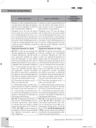............................................................................................................................................ Quadro Comparativo - MP 627/2013 x Lei 12.973/201444
IOB Guia Prático - Novas RegrasTributárias
MP nº 627/2013 Lei nº 12.973/2014
Vigência,
comentários
e notas
redução ao valor recuperável de ativos,
que não tenham sido objeto de reversão,
quando ocorrer a alienação ou baixa do
bem correspondente. (Vigência)
redução ao valor recuperável de ativos
que não tenham sido objeto de rever-
são, quando ocorrer a alienação ou
baixa do bem correspondente.
Parágrafo único. No caso de aliena-
ção ou baixa de um ativo que compõe
uma unidade geradora de caixa, o va-
lor a ser reconhecido na apuração do
lucro real deve ser proporcional à rela-
ção entre o valor contábil desse ativo e
o total da unidade geradora de caixa
à data em que foi realizado o teste de
recuperabilidade.
Parágrafo único. No caso de aliena-
ção ou baixa de um ativo que compõe
uma unidade geradora de caixa, o va-
lor a ser reconhecido na apuração do
lucro real deve ser proporcional à rela-
ção entre o valor contábil desse ativo e
o total da unidade geradora de caixa
à data em que foi realizado o teste de
recuperabilidade.
Pagamento Baseado em Ações
Art. 32. O valor da remuneração dos
serviços prestados por empregados ou
similares, efetuada por meio de acordo
com pagamento baseado em ações,
deve ser adicionado ao lucro líquido
para fins de apuração do lucro real no
período de apuração em que o custo ou
a despesa forem apropriados. (Vigência)
Pagamento Baseado em Ações
Art. 33. O valor da remuneração dos
serviços prestados por empregados
ou similares, efetuada por meio de
acordo com pagamento baseado em
ações, deve ser adicionado ao lucro
líquido para fins de apuração do lucro
real no período de apuração em que o
custo ou a despesa forem apropriados.
Vigência: 1º.01.2015
§ 1º A remuneração de que trata o
caput será dedutível somente depois
do pagamento, quando liquidados
em caixa ou outro ativo, ou depois da
transferência da propriedade definitiva
das ações ou opções, quando liquida-
dos com instrumentos patrimoniais.
§ 1º A remuneração de que trata o
caput será dedutível somente depois
do pagamento, quando liquidados
em caixa ou outro ativo, ou depois da
transferência da propriedade definitiva
das ações ou opções, quando liquida-
dos com instrumentos patrimoniais.
§ 2º Para efeito do disposto no § 1º, o
valor a ser excluído será:
§ 2º Para efeito do disposto no § 1º, o
valor a ser excluído será:
I - o efetivamente pago, quando a liqui-
dação baseada em ação for efetuada
em caixa ou outro ativo financeiro; ou
I - o efetivamente pago, quando a liqui-
dação baseada em ação for efetuada
em caixa ou outro ativo financeiro; ou
II - o reconhecido no patrimônio líqui-
do nos termos da legislação comercial,
quando a liquidação for efetuada em
instrumentos patrimoniais.
II - o reconhecido no patrimônio líqui-
do nos termos da legislação comercial,
quando a liquidação for efetuada em
instrumentos patrimoniais
Art. 33. As aquisições de serviços, na
forma do art. 32 e liquidadas com ins-
trumentos patrimoniais, terão efeitos
no cálculo dos juros sobre o capital
próprio de que trata o art. 9º da Lei nº
9.249, de 1995, somente depois da
transferência definitiva da propriedade
dos referidos instrumentos patrimo-
niais. (Vigência)
Art. 34. As aquisições de serviços, na
forma do art. 33 e liquidadas com
instrumentos patrimoniais, terão efei-
tos no cálculo dos juros sobre o ca-
pital próprio de que trata o art. 9o da
Lei nº 9.249, de 26 de dezembro de
1995, somente depois da transferên-
cia definitiva da propriedade dos refe-
ridos instrumentos patrimoniais.
Vigência: 1º.01.2015
Arquivo final.indd 44 09/06/2014 13:52:17
 