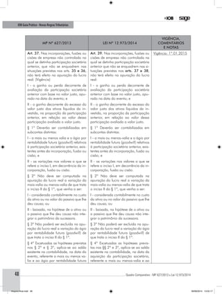............................................................................................................................................ Quadro Comparativo - MP 627/2013 x Lei 12.973/201448
IOB Guia Prático - Novas RegrasTributárias
MP nº 627/2013 Lei nº 12.973/2014
Vigência,
comentários
e notas
Art. 37. Nas incorporações, fusões ou
cisões de empresa não controlada na
qual se detinha participação societária
anterior, que não se enquadrem nas
situações previstas nos arts. 35 e 36,
não terá efeito na apuração do lucro
real: (Vigência)
Art. 39. Nas incorporações, fusões ou
cisões de empresa não controlada na
qual se detinha participação societária
anterior que não se enquadrem nas si-
tuações previstas nos arts. 37 e 38,
não terá efeito na apuração do lucro
real:
Vigência: 1º.01.2015
I - o ganho ou perda decorrente de
avaliação da participação societária
anterior com base no valor justo, apu-
rado na data do evento; e
I - o ganho ou perda decorrente de
avaliação da participação societária
anterior com base no valor justo, apu-
rado na data do evento; e
II - o ganho decorrente do excesso do
valor justo dos ativos líquidos da in-
vestida, na proporção da participação
anterior, em relação ao valor dessa
participação avaliada a valor justo.
II - o ganho decorrente do excesso do
valor justo dos ativos líquidos da in-
vestida, na proporção da participação
anterior, em relação ao valor dessa
participação avaliada a valor justo.
§ 1º Deverão ser contabilizadas em
subcontas distintas:
§ 1º Deverão ser contabilizadas em
subcontas distintas:
I - a mais ou menos valia e o ágio por
rentabilidade futura (goodwill) relativos
à participação societária anterior, exis-
tentes antes da incorporação, fusão ou
cisão; e
I - a mais ou menos-valia e o ágio por
rentabilidade futura (goodwill) relativos
à participação societária anterior, exis-
tentes antes da incorporação, fusão ou
cisão; e
II - as variações nos valores a que se
refere o inciso I, em decorrência da in-
corporação, fusão ou cisão.
II - as variações nos valores a que se
refere o inciso I, em decorrência da in-
corporação, fusão ou cisão.
§ 2º Não deve ser computada na
apuração do lucro real a variação da
mais-valia ou menos-valia de que trata
o inciso II do § 1º, que venha a ser:
§ 2º Não deve ser computada na
apuração do lucro real a variação da
mais-valia ou menos-valia de que trata
o inciso II do § 1º, que venha a ser:
I - considerada contabilmente no custo
do ativo ou no valor do passivo que lhe
deu causa; ou
I - considerada contabilmente no custo
do ativo ou no valor do passivo que lhe
deu causa; ou
II - baixada, na hipótese de o ativo ou
o passivo que lhe deu causa não inte-
grar o patrimônio da sucessora.
II - baixada, na hipótese de o ativo ou
o passivo que lhe deu causa não inte-
grar o patrimônio da sucessora.
§ 3º Não poderá ser excluída na apu-
ração do lucro real a variação do ágio
por rentabilidade futura (goodwill) de
que trata o inciso II do § 1º.
§ 3º Não poderá ser excluída na apu-
ração do lucro real a variação do ágio
por rentabilidade futura (goodwill) de
que trata o inciso II do § 1º.
§ 4º Excetuadas as hipóteses previstas
nos § 2º e § 3º, aplica-se ao saldo
existente na contabilidade, na data do
evento, referente a mais ou menos va-
lia e ao ágio por rentabilidade futura
§ 4º Excetuadas as hipóteses previs-
tas nos §§ 2º e 3º, aplica-se ao saldo
existente na contabilidade, na data da
aquisição da participação societária,
referente a mais ou menos-valia e ao
Arquivo final.indd 48 09/06/2014 13:52:17
 