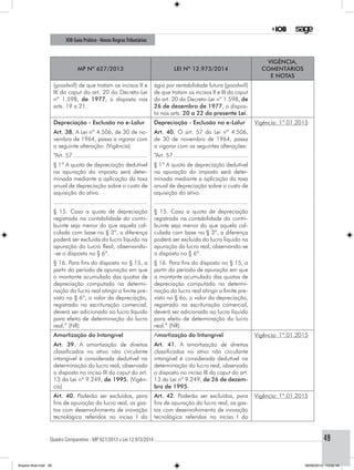 Quadro Comparativo - MP 627/2013 x Lei 12.973/2014..............................................................................................................................................49
IOB Guia Prático - Novas RegrasTributárias
MP nº 627/2013 Lei nº 12.973/2014
Vigência,
comentários
e notas
(goodwill) de que tratam os incisos II e
III do caput do art. 20 do Decreto-Lei
nº 1.598, de 1977, o disposto nos
arts. 19 a 21.
ágio por rentabilidade futura (goodwill)
de que tratam os incisos II e III do caput
do art. 20 do Decreto-Lei nº 1.598, de
26 de dezembro de 1977, o dispos-
to nos arts. 20 a 22 da presente Lei.
Depreciação - Exclusão no e-Lalur
Art. 38. A Lei nº 4.506, de 30 de no-
vembro de 1964, passa a vigorar com
a seguinte alteração: (Vigência)
Depreciação - Exclusão no e-Lalur
Art. 40. O art. 57 da Lei nº 4.506,
de 30 de novembro de 1964, passa
a vigorar com as seguintes alterações:
Vigência: 1º.01.2015
“Art. 57............................................. “Art. 57.............................................
§ 1º A quota de depreciação dedutível
na apuração do imposto será deter-
minada mediante a aplicação da taxa
anual de depreciação sobre o custo de
aquisição do ativo.
§ 1º A quota de depreciação dedutível
na apuração do imposto será deter-
minada mediante a aplicação da taxa
anual de depreciação sobre o custo de
aquisição do ativo.
........................................................ ........................................................
§ 15. Caso a quota de depreciação
registrada na contabilidade do contri-
buinte seja menor do que aquela cal-
culada com base no § 3º, a diferença
poderá ser excluída do lucro líquido na
apuração do Lucro Real, observando-
-se o disposto no § 6º.
§ 15. Caso a quota de depreciação
registrada na contabilidade do contri-
buinte seja menor do que aquela cal-
culada com base no § 3º, a diferença
poderá ser excluída do lucro líquido na
apuração do lucro real, observando-se
o disposto no § 6º.
§ 16. Para fins do disposto no § 15, a
partir do período de apuração em que
o montante acumulado das quotas de
depreciação computado na determi-
nação do lucro real atingir o limite pre-
visto no § 6º, o valor da depreciação,
registrado na escrituração comercial,
deverá ser adicionado ao lucro líquido
para efeito de determinação do lucro
real.” (NR)
§ 16. Para fins do disposto no § 15, a
partir do período de apuração em que
o montante acumulado das quotas de
depreciação computado na determi-
nação do lucro real atingir o limite pre-
visto no § 6o, o valor da depreciação,
registrado na escrituração comercial,
deverá ser adicionado ao lucro líquido
para efeito de determinação do lucro
real.” (NR)
Amortização do Intangível
Art. 39. A amortização de direitos
classificados no ativo não circulante
intangível é considerada dedutível na
determinação do lucro real, observado
o disposto no inciso III do caput do art.
13 da Lei nº 9.249, de 1995. (Vigên-
cia)
Amortização do Intangível
Art. 41. A amortização de direitos
classificados no ativo não circulante
intangível é considerada dedutível na
determinação do lucro real, observado
o disposto no inciso III do caput do art.
13 da Lei nº 9.249, de 26 de dezem-
bro de 1995.
Vigência: 1º.01.2015
Art. 40. Poderão ser excluídos, para
fins de apuração do lucro real, os gas-
tos com desenvolvimento de inovação
tecnológica referidos no inciso I do
Art. 42. Poderão ser excluídos, para
fins de apuração do lucro real, os gas-
tos com desenvolvimento de inovação
tecnológica referidos no inciso I do
Vigência: 1º.01.2015
Arquivo final.indd 49 09/06/2014 13:52:18
 