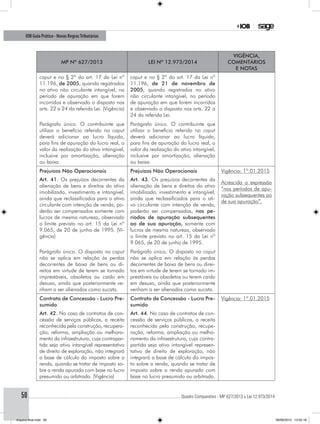 ............................................................................................................................................ Quadro Comparativo - MP 627/2013 x Lei 12.973/201450
IOB Guia Prático - Novas RegrasTributárias
MP nº 627/2013 Lei nº 12.973/2014
Vigência,
comentários
e notas
caput e no § 2º do art. 17 da Lei nº
11.196, de 2005, quando registrados
no ativo não circulante intangível, no
período de apuração em que forem
incorridos e observado o disposto nos
arts. 22 a 24 da referida Lei. (Vigência)
caput e no § 2º do art. 17 da Lei nº
11.196, de 21 de novembro de
2005, quando registrados no ativo
não circulante intangível, no período
de apuração em que forem incorridos
e observado o disposto nos arts. 22 a
24 da referida Lei.
Parágrafo único. O contribuinte que
utilizar o benefício referido no caput
deverá adicionar ao lucro líquido,
para fins de apuração do lucro real, o
valor da realização do ativo intangível,
inclusive por amortização, alienação
ou baixa.
Parágrafo único. O contribuinte que
utilizar o benefício referido no caput
deverá adicionar ao lucro líquido,
para fins de apuração do lucro real, o
valor da realização do ativo intangível,
inclusive por amortização, alienação
ou baixa.
Prejuízos Não Operacionais
Art. 41. Os prejuízos decorrentes da
alienação de bens e direitos do ativo
imobilizado, investimento e intangível,
ainda que reclassificados para o ativo
circulante com intenção de venda, po-
derão ser compensados somente com
lucros de mesma natureza, observado
o limite previsto no art. 15 da Lei nº
9.065, de 20 de junho de 1995. (Vi-
gência)
Prejuízos Não Operacionais
Art. 43. Os prejuízos decorrentes da
alienação de bens e direitos do ativo
imobilizado, investimento e intangível,
ainda que reclassificados para o ati-
vo circulante com intenção de venda,
poderão ser compensados, nos pe-
ríodos de apuração subsequentes
ao de sua apuração, somente com
lucros de mesma natureza, observado
o limite previsto no art. 15 da Lei nº
9.065, de 20 de junho de 1995.
Vigência: 1º.01.2015
Acrescida a expressão
“nos períodos de apu-
ração subsequentes ao
de sua apuração”.
Parágrafo único. O disposto no caput
não se aplica em relação às perdas
decorrentes de baixa de bens ou di-
reitos em virtude de terem se tornado
imprestáveis, obsoletos ou caído em
desuso, ainda que posteriormente ve-
nham a ser alienados como sucata.
Parágrafo único. O disposto no caput
não se aplica em relação às perdas
decorrentes de baixa de bens ou direi-
tos em virtude de terem se tornado im-
prestáveis ou obsoletos ou terem caído
em desuso, ainda que posteriormente
venham a ser alienados como sucata.
Contrato de Concessão - Lucro Pre-
sumido
Art. 42. No caso de contratos de con-
cessão de serviços públicos, a receita
reconhecida pela construção, recupera-
ção, reforma, ampliação ou melhora-
mento da infraestrutura, cuja contrapar-
tida seja ativo intangível representativo
de direito de exploração, não integrará
a base de cálculo do imposto sobre a
renda, quando se tratar de imposto so-
bre a renda apurado com base no lucro
presumido ou arbitrado. (Vigência)
Contrato de Concessão - Lucro Pre-
sumido
Art. 44. No caso de contratos de con-
cessão de serviços públicos, a receita
reconhecida pela construção, recupe-
ração, reforma, ampliação ou melho-
ramento da infraestrutura, cuja contra-
partida seja ativo intangível represen-
tativo de direito de exploração, não
integrará a base de cálculo do impos-
to sobre a renda, quando se tratar de
imposto sobre a renda apurado com
base no lucro presumido ou arbitrado.
Vigência: 1º.01.2015
Arquivo final.indd 50 09/06/2014 13:52:18
 