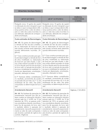 Quadro Comparativo - MP 627/2013 x Lei 12.973/2014..............................................................................................................................................51
IOB Guia Prático - Novas RegrasTributárias
MP nº 627/2013 Lei nº 12.973/2014
Vigência,
comentários
e notas
Parágrafo único. O ganho de capital
na alienação do ativo intangível a que
se refere o caput corresponderá à dife-
rença positiva entre o valor da aliena-
ção e o valor dos custos incorridos na
sua obtenção, deduzido da correspon-
dente amortização.
Parágrafo único. O ganho de capital
na alienação do ativo intangível a que
se refere o caput corresponderá à dife-
rença positiva entre o valor da aliena-
ção e o valor dos custos incorridos na
sua obtenção, deduzido da correspon-
dente amortização.
Custos estimados de Desmontagens
Art. 43. Os gastos de desmontagem
e retirada de item de ativo imobiliza-
do ou restauração do local em que
está situado somente serão dedutíveis
quando efetivamente incorridos. (Vi-
gência)
§ 1º Caso constitua provisão para gas-
tos de desmontagem e retirada de item
de ativo imobilizado ou restauração
do local em que está situado, a pes-
soa jurídica deverá proceder ao ajuste
no lucro líquido para fins de apuração
do lucro real, no período de apuração
em que o imobilizado for realizado, in-
clusive por depreciação, amortização,
exaustão, alienação ou baixa.
§ 2º Eventuais efeitos contabilizados
no resultado, provenientes de ajustes
na provisão de que trata o § 1º ou de
atualização de seu valor, não serão
computados na determinação do lucro
real.
Custos Estimados de Desmontagens
Art. 45. Os gastos de desmontagem
e retirada de item de ativo imobiliza-
do ou restauração do local em que
está situado somente serão dedutíveis
quando efetivamente incorridos.
§ 1º Caso constitua provisão para gas-
tos de desmontagem e retirada de item
de ativo imobilizado ou restauração
do local em que está situado, a pes-
soa jurídica deverá proceder ao ajuste
no lucro líquido para fins de apuração
do lucro real, no período de apuração
em que o imobilizado for realizado, in-
clusive por depreciação, amortização,
exaustão, alienação ou baixa.
§ 2º Eventuais efeitos contabilizados
no resultado, provenientes de ajustes
na provisão de que trata o § 1o ou de
atualização de seu valor, não serão
computados na determinação do lucro
real.
Vigência: 1º.01.2015
Arrendamento Mercantil
Art. 44. Na hipótese de operações de
arrendamento mercantil que não es-
tejam sujeitas ao tratamento tributário
previsto pela Lei nº 6.099, de 12 de
setembro de 1974, as pessoas jurídi-
cas arrendadoras deverão reconhecer,
para fins de apuração do lucro real,
o resultado relativo à operação de
arrendamento mercantil proporcional-
mente ao valor de cada contrapresta-
ção durante o período de vigência do
contrato. (Vigência)
Arrendamento Mercantil
Art. 46. Na hipótese de operações de
arrendamento mercantil que não es-
tejam sujeitas ao tratamento tributário
previsto pela Lei nº 6.099, de 12 de
setembro de 1974, as pessoas jurídi-
cas arrendadoras deverão reconhecer,
para fins de apuração do lucro real,
o resultado relativo à operação de
arrendamento mercantil proporcional-
mente ao valor de cada contrapresta-
ção durante o período de vigência do
contrato.
Vigência: 1º.01.2015
Arquivo final.indd 51 09/06/2014 13:52:18
 