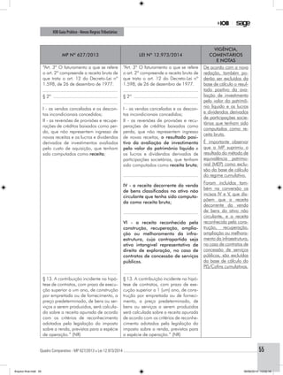 Quadro Comparativo - MP 627/2013 x Lei 12.973/2014..............................................................................................................................................55
IOB Guia Prático - Novas RegrasTributárias
MP nº 627/2013 Lei nº 12.973/2014
Vigência,
comentários
e notas
“Art. 3º O faturamento a que se refere
o art. 2º compreende a receita bruta de
que trata o art. 12 do Decreto-Lei nº
1.598, de 26 de dezembro de 1977.
“Art. 3º O faturamento a que se refere
o art. 2º compreende a receita bruta de
que trata o art. 12 do Decreto-Lei nº
1.598, de 26 de dezembro de 1977.
De acordo com a nova
redação, também po-
derão ser excluídos da
base de cálculo o resul-
tado positivo da ava-
liação de investimento
pelo valor do patrimô-
nio líquido e os lucros
e dividendos derivados
de participações socie-
tárias que tenham sido
computados como re-
ceita bruta.
É importante observar
que a MP suprimiu o
resultado do método de
equivalência patrimo-
nial (MEP) como exclu-
são da base de cálculo
do regime cumulativo.
Foram incluídos tam-
bém na conversão os
incisos IV e V, que dis-
põem que a receita
decorrente da venda
de bens do ativo não
circulante, e a receita
reconhecida pela cons-
trução, recuperação,
ampliação ou melhora-
mento da infraestrutura,
no caso de contratos de
concessão de serviços
públicos, são excluídas
da base de cálculo do
PIS/Cofins cumulativos.
........................................................ ........................................................
§ 2º ................................................. § 2º .................................................
........................................................ ........................................................
I - as vendas canceladas e os descon-
tos incondicionais concedidos;
I - as vendas canceladas e os descon-
tos incondicionais concedidos;
II - as reversões de provisões e recupe-
rações de créditos baixados como per-
da, que não representem ingresso de
novas receitas e os lucros e dividendos
derivados de investimentos avaliados
pelo custo de aquisição, que tenham
sido computados como receita;
II - as reversões de provisões e recu-
perações de créditos baixados como
perda, que não representem ingresso
de novas receitas, o resultado posi-
tivo da avaliação de investimento
pelo valor do patrimônio líquido e
os lucros e dividendos derivados de
participações societárias, que tenham
sido computados como receita bruta;
........................................................
IV - a receita decorrente da venda
de bens classificados no ativo não
circulante que tenha sido computa-
da como receita bruta;
........................................................
VI - a receita reconhecida pela
construção, recuperação, amplia-
ção ou melhoramento da infra-
estrutura, cuja contrapartida seja
ativo intangível representativo de
direito de exploração, no caso de
contratos de concessão de serviços
públicos.
........................................................ ........................................................
§ 13. A contribuição incidente na hipó-
tese de contratos, com prazo de execu-
ção superior a um ano, de construção
por empreitada ou de fornecimento, a
preço predeterminado, de bens ou ser-
viços a serem produzidos, será calcula-
da sobre a receita apurada de acordo
com os critérios de reconhecimento
adotados pela legislação do imposto
sobre a renda, previstos para a espécie
de operação.” (NR)
§ 13. A contribuição incidente na hipó-
tese de contratos, com prazo de exe-
cução superior a 1 (um) ano, de cons-
trução por empreitada ou de forneci-
mento, a preço predeterminado, de
bens ou serviços a serem produzidos
será calculada sobre a receita apurada
de acordo com os critérios de reconhe-
cimento adotados pela legislação do
imposto sobre a renda, previstos para
a espécie de operação.” (NR)
Arquivo final.indd 55 09/06/2014 13:52:18
 