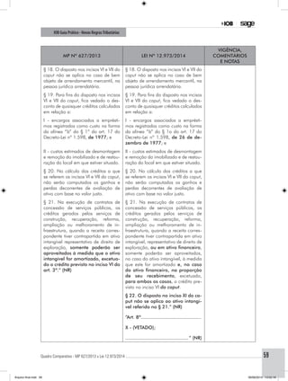 Quadro Comparativo - MP 627/2013 x Lei 12.973/2014..............................................................................................................................................59
IOB Guia Prático - Novas RegrasTributárias
MP nº 627/2013 Lei nº 12.973/2014
Vigência,
comentários
e notas
§ 18. O disposto nos incisos VI e VII do
caput não se aplica no caso de bem
objeto de arrendamento mercantil, na
pessoa jurídica arrendatária.
§ 18. O disposto nos incisos VI e VII do
caput não se aplica no caso de bem
objeto de arrendamento mercantil, na
pessoa jurídica arrendatária.
§ 19. Para fins do disposto nos incisos
VI e VII do caput, fica vedado o des-
conto de quaisquer créditos calculados
em relação a:
§ 19. Para fins do disposto nos incisos
VI e VII do caput, fica vedado o des-
conto de quaisquer créditos calculados
em relação a:
I - encargos associados a emprésti-
mos registrados como custo na forma
da alínea “b” do § 1º do art. 17 do
Decreto-Lei nº 1.598, de 1977; e
I - encargos associados a emprésti-
mos registrados como custo na forma
da alínea “b” do § 1o do art. 17 do
Decreto-Lei nº 1.598, de 26 de de-
zembro de 1977; e
II - custos estimados de desmontagem
e remoção do imobilizado e de restau-
ração do local em que estiver situado.
II - custos estimados de desmontagem
e remoção do imobilizado e de restau-
ração do local em que estiver situado.
§ 20. No cálculo dos créditos a que
se referem os incisos VI e VII do caput,
não serão computados os ganhos e
perdas decorrentes de avaliação de
ativo com base no valor justo.
§ 20. No cálculo dos créditos a que
se referem os incisos VI e VII do caput,
não serão computados os ganhos e
perdas decorrentes de avaliação de
ativo com base no valor justo.
§ 21. Na execução de contratos de
concessão de serviços públicos, os
créditos gerados pelos serviços de
construção, recuperação, reforma,
ampliação ou melhoramento de in-
fraestrutura, quando a receita corres-
pondente tiver contrapartida em ativo
intangível representativo de direito de
exploração, somente poderão ser
aproveitados à medida que o ativo
intangível for amortizado, excetua-
do o crédito previsto no inciso VI do
art. 3º.” (NR)
§ 21. Na execução de contratos de
concessão de serviços públicos, os
créditos gerados pelos serviços de
construção, recuperação, reforma,
ampliação ou melhoramento de in-
fraestrutura, quando a receita corres-
pondente tiver contrapartida em ativo
intangível, representativo de direito de
exploração, ou em ativo financeiro,
somente poderão ser aproveitados,
no caso do ativo intangível, à medida
que este for amortizado e, no caso
do ativo financeiro, na proporção
de seu recebimento, excetuado,
para ambos os casos, o crédito pre-
visto no inciso VI do caput.
§ 22. O disposto no inciso XI do ca-
put não se aplica ao ativo intangí-
vel referido no § 21.” (NR)
“Art. 8º...........................................
X - (VETADO);
............................................ ” (NR)
Arquivo final.indd 59 09/06/2014 13:52:18
 