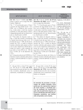............................................................................................................................................ Quadro Comparativo - MP 627/2013 x Lei 12.973/201460
IOB Guia Prático - Novas RegrasTributárias
MP nº 627/2013 Lei nº 12.973/2014
Vigência,
comentários
e notas
Art. 52. A Lei nº 10.833, de 2003,
passa a vigorar com as seguintes alte-
rações: (Vigência)
Art. 55. A Lei nº 10.833, de 29 de
dezembro de 2003, passa a vigorar
com as seguintes alterações:
Vigência: 1º.01.2015
As novas disposições
pertinentes ao art. 54,
anterior, aplicam-se ao
art. 55 em relação à
Cofins (arts. 1º e 3º).
Art. 10 da Lei nº
10.833/2002: man-
tém e prorroga no
regime cumulativo a
atividade das receitas
decorrentes da execu-
ção por administração,
empreitada ou subem-
preitada, de obras
de construção civil,
incorridas até o ano
de 2019, inclusive.
Pelo texto original da
Lei nº 10.833/2003
o prazo final seria até
31.12.2015.
“Art. 1º A Contribuição para o Finan-
ciamento da Seguridade Social - CO-
FINS, com a incidência não cumula-
tiva, incide sobre o total das receitas
auferidas no mês pela pessoa jurídica,
independentemente de sua denomina-
ção ou classificação contábil.
“Art. 1º A Contribuição para o Finan-
ciamento da Seguridade Social - Co-
fins, com a incidência não cumulativa,
incide sobre o total das receitas auferi-
das no mês pela pessoa jurídica, inde-
pendentemente de sua denominação
ou classificação contábil.
§ 1º Para efeito do disposto neste ar-
tigo, o total das receitas compreende
a receita bruta de que trata o art. 12
do Decreto-Lei nº 1.598, de 26 de de-
zembro de 1977, e todas as demais
receitas auferidas pela pessoa jurídica
com os seus respectivos valores decor-
rentes do ajuste a valor presente de
que trata o inciso VIII do art. 183 da
Lei nº 6.404, de 15 de dezembro de
1976.
§ 1º Para efeito do disposto neste ar-
tigo, o total das receitas compreende
a receita bruta de que trata o art. 12
do Decreto-Lei nº 1.598, de 26 de de-
zembro de 1977, e todas as demais
receitas auferidas pela pessoa jurídica
com os seus respectivos valores decor-
rentes do ajuste a valor presente de
que trata o inciso VIII do caput do art.
183 da Lei nº 6.404, de 15 de dezem-
bro de 1976.
§ 2º A base de cálculo da COFINS é o
total das receitas auferidas pela pessoa
jurídica, conforme definido no caput e
no § 1º.
§ 2º A base de cálculo da Cofins é o
total das receitas auferidas pela pessoa
jurídica, conforme definido no caput e
no § 1º.
§ 3º.................................................. § 3º..................................................
........................................................ ........................................................
II - de que trata o inciso IV do caput
art. 187 da Lei nº 6.404, de 1976,
decorrentes da venda de bens do ativo
não circulante, classificado como in-
vestimento, imobilizado ou intangível;
II - de que trata o inciso IV do caput
do art. 187 da Lei nº 6.404, de 15 de
dezembro de 1976, decorrentes da
venda de bens do ativo não circulante,
classificado como investimento, imobi-
lizado ou intangível;
........................................................
V - ...................................................
........................................................
b) reversões de provisões e recupe-
rações de créditos baixados como
perda que não representem ingresso
de novas receitas, o resultado posi-
tivo da avaliação de investimentos
pelo valor do patrimônio líquido e os
lucros e dividendos derivados de par-
ticipações societárias, que tenham
sido computados como receita;
........................................................ ........................................................
Arquivo final.indd 60 09/06/2014 13:52:19
 