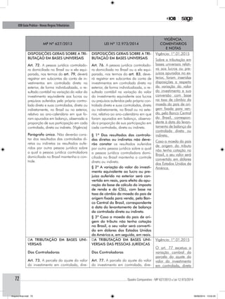 ............................................................................................................................................ Quadro Comparativo - MP 627/2013 x Lei 12.973/201472
IOB Guia Prático - Novas RegrasTributárias
MP nº 627/2013 Lei nº 12.973/2014
Vigência,
comentários
e notas
DISPOSIÇÕES GERAIS SOBRE A TRI-
BUTAÇÃO EM BASES UNIVERSAIS
Art. 72. A pessoa jurídica controlado-
ra domiciliada no Brasil ou a ela equi-
parada, nos termos do art. 79, deverá
registrar em subcontas da conta de in-
vestimentos em controlada direta no
exterior, de forma individualizada, o re-
sultado contábil na variação do valor do
investimento equivalente aos lucros ou
prejuízos auferidos pela própria contro-
lada direta e suas controladas, direta ou
indiretamente, no Brasil ou no exterior,
relativo ao ano-calendário em que fo-
ram apurados em balanço, observada a
proporção de sua participação em cada
controlada, direta ou indireta. (Vigência)
Parágrafo único. Não deverão cons-
tar dos resultados das controladas di-
retas ou indiretas os resultados aufe-
ridos por outra pessoa jurídica sobre
a qual a pessoa jurídica controladora
domiciliada no Brasil mantenha o con-
trole.
DISPOSIÇÕES GERAIS SOBRE A TRI-
BUTAÇÃO EM BASES UNIVERSAIS
Art. 76. A pessoa jurídica controlado-
ra domiciliada no Brasil ou a ela equi-
parada, nos termos do art. 83, deve-
rá registrar em subcontas da conta de
investimentos em controlada direta no
exterior, de forma individualizada, o re-
sultado contábil na variação do valor
do investimento equivalente aos lucros
ou prejuízos auferidos pela própria con-
trolada direta e suas controladas, direta
ou indiretamente, no Brasil ou no exte-
rior, relativo ao ano-calendário em que
foram apurados em balanço, observa-
da a proporção de sua participação em
cada controlada, direta ou indireta.
§ 1º Dos resultados das controla-
das diretas ou indiretas não deve-
rão constar os resultados auferidos
por outra pessoa jurídica sobre a qual
a pessoa jurídica controladora domi-
ciliada no Brasil mantenha o controle
direto ou indireto.
§ 2º A variação do valor do investi-
mento equivalente ao lucro ou pre-
juízo auferido no exterior será con-
vertida em reais, para efeito da apu-
ração da base de cálculo do imposto
de renda e da CSLL, com base na
taxa de câmbio da moeda do país de
origem fixada para venda, pelo Ban-
co Central do Brasil, correspondente
à data do levantamento de balanço
da controlada direta ou indireta.
§ 3º Caso a moeda do país de ori-
gem do tributo não tenha cotação
no Brasil, o seu valor será converti-
do em dólares dos Estados Unidos
da América e, em seguida, em reais.
Vigência: 1º.01.2015
Sobre a tributação em
bases universais relati-
va aos lucros ou pre-
juízos apurados no ex-
terior, foram inseridas
disposições a respeito
da variação do valor
do investimento e sua
conversão com base
na taxa de câmbio da
moeda do país de ori-
gem fixada para ven-
da, pelo Banco Central
do Brasil, correspon-
dente à data do levan-
tamento de balanço da
controlada direta ou
indireta.
Caso a moeda do país
de origem do tributo
não tenha cotação no
Brasil, o seu valor será
convertido em dólares
dos Estados Unidos da
América.
DA TRIBUTAÇÃO EM BASES UNI-
VERSAIS
Das Controladoras
Art. 73. A parcela do ajuste do valor
do investimento em controlada, dire-
DA TRIBUTAÇÃO EM BASES UNI-
VERSAIS DAS PESSOAS JURÍDICAS
Das Controladoras
Art. 77. A parcela do ajuste do valor
do investimento em controlada, dire-
Vigência: 1º.01.2015
O art. 77 excetua a
variação cambial da
parcela do ajuste do
valor do investimento
em controlada, direta
Arquivo final.indd 72 09/06/2014 13:52:20
 