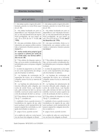 Quadro Comparativo - MP 627/2013 x Lei 12.973/2014..............................................................................................................................................77
IOB Guia Prático - Novas RegrasTributárias
MP nº 627/2013 Lei nº 12.973/2014
Vigência,
comentários
e notas
I - não esteja sujeita a regime de subtri-
butação, previsto no inciso III do caput
do art. 80;
I - não esteja sujeita a regime de subtri-
butação, previsto no inciso III do caput
do art. 84;
II - não esteja localizada em país ou
dependência com tributação favoreci-
da, ou não seja beneficiária de regime
fiscal privilegiado, de que tratam os
arts. 24 e 24-A da Lei nº 9.430, de
1996;
II - não esteja localizada em país ou
dependência com tributação favoreci-
da, ou não seja beneficiária de regime
fiscal privilegiado, de que tratam os
arts. 24 e 24-A da Lei nº 9.430, de 27
de dezembro de 1996;
III - não seja controlada, direta ou indi-
retamente, por pessoa jurídica subme-
tida a tratamento tributário previsto no
inciso II; e
III - não seja controlada, direta ou in-
diretamente, por pessoa jurídica sub-
metida a tratamento tributário previsto
no inciso I.
IV - tenha renda ativa própria igual
ou superior a oitenta por cento da
sua renda total, nos termos defini-
dos no art. 80.
§ 1º Para efeitos do disposto neste ar-
tigo, os lucros serão considerados dis-
ponibilizados para a empresa coligada
no Brasil:
§ 1º Para efeitos do disposto neste ar-
tigo, os lucros serão considerados dis-
ponibilizados para a empresa coligada
no Brasil:
I - na data do pagamento ou do crédi-
to em conta representativa de obriga-
ção da empresa no exterior;
I - na data do pagamento ou do crédi-
to em conta representativa de obriga-
ção da empresa no exterior;
II - na hipótese de contratação de
operações de mútuo, se a mutuante,
coligada, possuir lucros ou reservas de
lucros; ou
II - na hipótese de contratação de
operações de mútuo, se a mutuante,
coligada, possuir lucros ou reservas de
lucros; ou
III - na hipótese de adiantamento de
recursos efetuado pela coligada, por
conta de venda futura, cuja liquida-
ção, pela remessa do bem ou serviço
vendido, ocorra em prazo superior ao
ciclo de produção do bem ou serviço.
III - na hipótese de adiantamento de
recursos efetuado pela coligada, por
conta de venda futura, cuja liquida-
ção, pela remessa do bem ou serviço
vendido, ocorra em prazo superior ao
ciclo de produção do bem ou serviço.
§ 2º Para efeitos do disposto no inciso
I do § 1º, considera-se:
§ 2º Para efeitos do disposto no inciso
I do § 1º, considera-se:
I - creditado o lucro, quando ocorrer a
transferência do registro de seu valor
para qualquer conta representativa de
passivo exigível da controlada ou coli-
gada domiciliada no exterior; e
I - creditado o lucro, quando ocorrer a
transferência do registro de seu valor
para qualquer conta representativa de
passivo exigível da coligada domicilia-
da no exterior; e
II - pago o lucro, quando ocorrer:
a) o crédito do valor em conta bancá-
ria, em favor da coligada no Brasil;
II - pago o lucro, quando ocorrer:
a) o crédito do valor em conta bancá-
ria, em favor da coligada no Brasil;
Arquivo final.indd 77 09/06/2014 13:52:20
 
