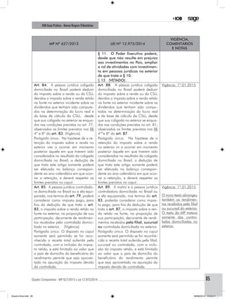 Quadro Comparativo - MP 627/2013 x Lei 12.973/2014..............................................................................................................................................85
IOB Guia Prático - Novas RegrasTributárias
MP nº 627/2013 Lei nº 12.973/2014
Vigência,
comentários
e notas
§ 11. O Poder Executivo poderá,
desde que não resulte em prejuízo
aos investimentos no País, ampliar
o rol de atividades com investimen-
to em pessoas jurídicas no exterior
de que trata o § 10.
§ 12. (VETADO).
Art. 84. A pessoa jurídica coligada
domiciliada no Brasil poderá deduzir
do imposto sobre a renda ou da CSLL
devidos o imposto sobre a renda retido
na fonte no exterior incidente sobre os
dividendos que tenham sido computa-
dos na determinação do lucro real e
da base de cálculo da CSLL, desde
que sua coligada no exterior se enqua-
dre nas condições previstas no art. 77,
observados os limites previstos nos §§
4º e 8º do art. 83. (Vigência)
Art. 88. A pessoa jurídica coligada
domiciliada no Brasil poderá deduzir
do imposto sobre a renda ou da CSLL
devidos o imposto sobre a renda retido
na fonte no exterior incidente sobre os
dividendos que tenham sido compu-
tados na determinação do lucro real
e da base de cálculo da CSLL, desde
que sua coligada no exterior se enqua-
dre nas condições previstas no art. 81,
observados os limites previstos nos §§
4ººe 8º do art. 87.
Vigência: 1º.01.2015
Parágrafo único. Na hipótese de a re-
tenção do imposto sobre a renda no
exterior vier a ocorrer em momento
posterior àquele em que tiverem sido
considerados no resultado da coligada
domiciliada no Brasil, a dedução de
que trata este artigo somente poderá
ser efetuada no balanço correspon-
dente ao ano-calendário em que ocor-
rer a retenção, e deverá respeitar os
limites previstos no caput.
Parágrafo único. Na hipótese de a
retenção do imposto sobre a renda
no exterior vir a ocorrer em momento
posterior àquele em que tiverem sido
considerados no resultado da coligada
domiciliada no Brasil, a dedução de
que trata este artigo somente poderá
ser efetuada no balanço correspon-
dente ao ano-calendário em que ocor-
rer a retenção, e deverá respeitar os
limites previstos no caput.
Art. 85. A pessoa jurídica controlado-
ra domiciliada no Brasil ou a ela equi-
parada, nos termos do art. 79, poderá
considerar como imposto pago, para
fins da dedução de que trata o art.
83, o imposto sobre a renda retido na
fonte no exterior, na proporção de sua
participação, decorrente de rendimen-
tos recebidos pela controlada domici-
liada no exterior. (Vigência)
Art. 89. A matriz e a pessoa jurídica
controladora domiciliada no Brasil ou
a ela equiparada, nos termos do art.
83, poderão considerar como impos-
to pago, para fins da dedução de que
trata o art. 87, o imposto sobre a ren-
da retido na fonte, na proporção de
sua participação, decorrente de rendi-
mentos recebidos pela filial, sucursal
ou controlada domiciliada no exterior.
Vigência: 1º.01.2015
O novo texto abrangeu
também os rendimen-
tos recebidos pela filial
ou sucursal do exterior.
O texto da MP tratava
somente das contro-
ladas domiciliadas no
exterior.
Parágrafo único. O disposto no caput
somente será permitido se for reco-
nhecida a receita total auferida pela
controlada, com a inclusão do impos-
to retido, e está limitado ao valor que
o país de domicílio do beneficiário do
rendimento permite que seja aprovei-
tado na apuração do imposto devido
da controlada.
Parágrafo único. O disposto no caput
somente será permitido se for reconhe-
cida a receita total auferida pela filial,
sucursal ou controlada, com a inclu-
são do imposto retido, e está limitado
ao valor que o país de domicílio do
beneficiário do rendimento permite
que seja aproveitado na apuração do
imposto devido da controlada.
Arquivo final.indd 85 09/06/2014 13:52:21
 