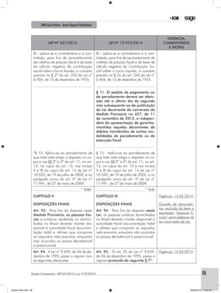 Quadro Comparativo - MP 627/2013 x Lei 12.973/2014..............................................................................................................................................95
IOB Guia Prático - Novas RegrasTributárias
MP nº 627/2013 Lei nº 12.973/2014
Vigência,
comentários
e notas
III - aplica-se à controladora e à con-
trolada, para fins de aproveitamento
de créditos de prejuízo fiscal e de base
de cálculo negativa da contribuição
social sobre o lucro líquido, o conceito
previsto no § 2º do art. 243 da Lei nº
6.404, de 15 de dezembro de 1976.
III - aplica-se à controladora e à con-
trolada, para fins de aproveitamento de
créditos de prejuízo fiscal e de base de
cálculo negativa da Contribuição So-
cial sobre o Lucro Líquido, o conceito
previsto no § 2o do art. 243 da Lei nº
6.404, de 15 de dezembro de 1976.
........................................................ ........................................................
§ 11. O pedido de pagamento ou
de parcelamento deverá ser efetu-
ado até o último dia do segundo
mês subsequente ao da publicação
da Lei decorrente da conversão da
Medida Provisória no 627, de 11
de novembro de 2013, e indepen-
derá da apresentação de garantia,
mantidas aquelas decorrentes de
débitos transferidos de outras mo-
dalidades de parcelamento ou de
execução fiscal.
........................................................
“§ 15. Aplica-se ao parcelamento de
que trata este artigo o disposto no ca-
put e nos §§ 2º e 3º do art. 11, no art.
12, no caput do art. 13, nos incisos
V e IX do caput do art. 14 da Lei nº
10.522, de 19 de julho de 2002, e no
parágrafo único do art. 4º da Lei nº
11.941, de 27 de maio de 2009.
§ 15. Aplica-se ao parcelamento de
que trata este artigo o disposto no ca-
put e nos §§ 2º e 3º do art. 11, no art.
12, no caput do art. 13 e nos incisos
V e IX do caput do art. 14 da Lei nº
10.522, de 19 de julho de 2002, e no
parágrafo único do art. 4º da Lei nº
11.941, de 27 de maio de 2009.
............................................. ” (NR)” ...............................................” (NR)
CAPÍTULO X
DISPOSIÇÕES FINAIS
CAPÍTULO XI
DISPOSIÇÕES FINAIS
Vigência: 14.05.2014
Guarda de documen-
tos: excluída do texto a
expressão “pessoas fí-
sicas” para adequar-se
ao novo texto da Lei.
Art. 93. Para fins do disposto nesta
Medida Provisória, as pessoas físi-
cas e jurídicas residentes ou domici-
liadas no Brasil deverão manter dis-
ponível à autoridade fiscal documen-
tação hábil e idônea que comprove
os requisitos nela previstos, enquanto
não ocorridos os prazos decadencial
e prescricional.
Art. 94. Para fins do disposto nesta
Lei, as pessoas jurídicas domiciliadas
no Brasil deverão manter disponível à
autoridade fiscal documentação hábil
e idônea que comprove os requisitos
nela previstos, enquanto não ocorridos
os prazos decadencial e prescricional.
Art. 94. A Lei nº 9.249, de 26 de de-
zembro de 1995, passa a vigorar com
as seguintes alterações:
Art. 95. O art. 25 da Lei nº 9.249,
de 26 de dezembro de 1995, passa a
vigorar acrescido do seguinte § 7º:
Vigência: 14.05.2014
Arquivo final.indd 95 09/06/2014 13:52:22
 