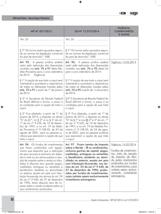 ............................................................................................................................................ Quadro Comparativo - MP 627/2013 x Lei 12.973/201496
IOB Guia Prático - Novas RegrasTributárias
MP nº 627/2013 Lei nº 12.973/2014
Vigência,
comentários
e notas
“Art. 25. ........................................... “Art. 25. ...........................................
........................................................ ........................................................
§ 7º Os lucros serão apurados segun-
do as normas da legislação comercial
do país de domicílio.” (NR)
§ 7º Os lucros serão apurados segun-
do as normas da legislação comercial
do país de domicílio.” (NR)
Art. 95. A pessoa jurídica poderá
optar pela aplicação das disposições
contidas nos arts. 72 a 91 desta Me-
dida Provisória para o ano-calendário
de 2014. (Vigência)
Art. 96. A pessoa jurídica poderá
optar pela aplicação das disposições
contidas nos arts. 76 a 92 desta Lei
para o ano-calendário de 2014.
Vigência: 14.05.2014
§ 1º A opção de que trata o caput será
irretratável e acarretará a observância
de todas as alterações trazidas pelos
arts. 72 a 91 a partir de 1º de janeiro
de 2014.
§ 1º A opção de que trata o caput será
irretratável e acarretará a observância
de todas as alterações trazidas pelos
arts. 76 a 92 a partir de 1o de janeiro
de 2014.
§ 2º A Secretaria da Receita Federal
do Brasil definirá a forma, o prazo e
as condições para a opção de trata o
caput.
§ 2º A Secretaria da Receita Federal do
Brasil definirá a forma, o prazo e as
condições para a opção de que trata
o caput.
§ 3º Fica afastado, a partir de 1º de
janeiro de 2014, o disposto na alínea
“b” do §1º, no § 2º e no § 4º do art.
1º da Lei nº 9.532, de 10 de dezem-
bro de 1997, e no art. 74 da Medi-
da Provisória nº 2.158-35, de 24 de
agosto de 2001, para as pessoas ju-
rídicas que exerceram a opção de que
trata o caput.
§ 3º Fica afastado, a partir de 1º de
janeiro de 2014, o disposto na alínea
“b” do § 1º e nos §§ 2º e 4º do art. 1º
da Lei nº 9.532, de 10 de dezembro
de 1997, e no art. 74 da Medida Pro-
visória nº 2.158-35, de 24 de agos-
to de 2001, para as pessoas jurídicas
que exerceram a opção de que trata
o caput.
Art. 96. Os fundos de investimentos
que forem constituídos com regula-
mento que disponha que a aplicação
de seus recursos é exclusiva em depó-
sito à vista ou em ativos sujeitos à isen-
ção de imposto sobre a renda ou tribu-
tados à alíquota zero quando pagos,
creditados, entregues ou remetidos a
beneficiário residente ou domiciliado
no exterior, exceto em país com tribu-
tação favorecida nos termos do art. 24
da Lei nº 9.430, de 27 de dezembro
de 1996, terão alíquota zero de im-
posto sobre a renda incidente sobre os
seus rendimentos produzidos.
Art. 97. Ficam isentos de Imposto
sobre a Renda - IR os rendimentos,
inclusive ganhos de capital, pagos,
creditados, entregues ou remetidos
a beneficiário residente ou domi-
ciliado no exterior, exceto em país
com tributação favorecida, nos ter-
mos do art. 24 da Lei nº 9.430, de
27 de dezembro de 1996, produ-
zidos por fundos de investimentos,
cujos cotistas sejam exclusivamente
investidores estrangeiros.
Vigência: 14.05.2014
Fundos de investimen-
tos: trata da isenção
de Imposto de Ren-
da sobre rendimentos
produzidos por fundos
de investimentos, cujos
cotistas sejam exclusi-
vamente investidores
estrangeiros.
Arquivo final.indd 96 09/06/2014 13:52:22
 