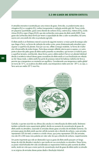 30
A atmosfera terrestre é constituída por uma mistura de gases. Entre eles, os predominantes são o
nitrogênio (N2
) e o oxigênio (O2
), ambos transparentes à radiação emitida pelo Sol. Possui ainda,
em pequenas quantidades, gases como dióxido de carbono (CO2
), ozônio (O3
), metano (CH4
), óxido
nitroso (N2
O) e vapor d’água (H2
O), que são conhecidos como gases de efeito estufa (GEE). Esses
gases são conhecidos dessa forma por terem a capacidade de reter o calor na atmosfera, tal como
ocorre com uma estufa de vidro na produção agrícola.
O efeito estufa é um fenômeno natural e ocorre da seguinte maneira: a maior parte da energia solar
que chega à Terra, na forma de radiação de ondas curtas, passa diretamente pela atmosfera para
aquecer a superfície do planeta. Essa por sua vez, reflete a energia recebida, na forma de irradia-
ção infravermelha de ondas longas. Parte dessa energia refletida retorna para o espaço, e a outra
parte é absorvida pelos gases de efeito estufa presentes na atmosfera, que tornam a irradiá-la para
a superfície terrestre, contribuindo, dessa forma, para o efeito estufa.A Terra é um planeta habitável
devido à existência natural desses gases causadores do efeito estufa e à sua localização em relação
ao Sol. Desse modo, o efeito estufa faz parte do processo natural do balanço radiativo da Terra e
permite que a temperatura se mantenha em equilíbrio. Considerando uma temperatura média global
em torno de 13º C, na ausência do efeito estufa, essa temperatura média seria de - 20º C, ou seja, a
Terra seria em média 33º C mais fria.
Contudo, o que tem ocorrido nos últimos dois séculos é a intensificação do efeito estufa, fenômeno
também conhecido como aquecimento global, devido ao aumento da concentração de gases de
efeito estufa na atmosfera, associado às emissões desses gases oriundas de atividades humanas. Os
principais gases de efeito estufa que tem sofrido aumento são o dióxido de carbono, cujas emissões
representam 55% do total; o metano e o óxido nitroso, que juntos representam 22% das emissões,
mas são 25 e 250 vezes mais potentes em reter calor do que o dióxido de carbono, respectivamente.
Um ponto importante que vale ser destacado é que os gases de efeito estufa possuem um longo
tempo de vida (de décadas à séculos) o que resulta em sua acumulação na atmosfera. Dessa forma,
os países industrializados têm sido considerados os responsáveis históricos pelo aumento do efeito
estufa, tendo em vista que a maior parte da concentração atual de gases de efeito estufa na atmosfe-
ra se originou de emissões desses países desde a Revolução Industrial.
2.2 Os Gases de Efeito Estufa
 