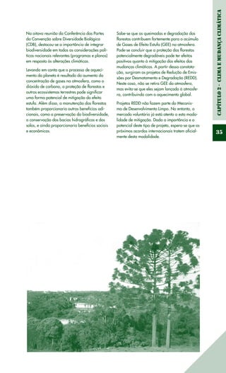 Capítulo2-ClimaeMudançaClimática
35
Na oitava reunião da Conferência das Partes
da Convenção sobre Diversidade Biológica
(CDB), destacou-se a importância de integrar
biodiversidade em todas as considerações polí-
ticas nacionais relevantes (programas e planos)
em resposta às alterações climáticas.
Levando em conta que o processo de aqueci-
mento do planeta é resultado do aumento da
concentração de gases na atmosfera, como o
dióxido de carbono, a proteção de florestas e
outros ecossistemas terrestres pode significar
uma forma potencial de mitigação do efeito
estufa. Além disso, a manutenção das florestas
também proporcionaria outros benefícios adi-
cionais, como a preservação da biodiversidade,
a conservação das bacias hidrográficas e dos
solos, e ainda proporcionaria benefícios sociais
e econômicos.
Sabe-se que as queimadas e degradação das
florestas contribuem fortemente para o acúmulo
de Gases de Efeito Estufa (GEE) na atmosfera.
Pode-se concluir que a proteção das florestas
potencialmente degradáveis pode ter efeitos
positivos quanto à mitigação dos efeitos das
mudanças climáticas. A partir dessa constata-
ção, surgiram os projetos de Redução de Emis-
sões por Desmatamento e Degradação (REDD).
Neste caso, não se retira GEE da atmosfera,
mas evita-se que eles sejam lançado à atmosfe-
ra, contribuindo com o aquecimento global.
Projetos REDD não fazem parte do Mecanis-
mo de Desenvolvimento Limpo. No entanto, o
mercado voluntário já está atento a esta moda-
lidade de mitigação. Dada a importância e o
potencial deste tipo de projeto, espera-se que os
próximos acordos internacionais tratem oficial-
mente desta modalidade.
 