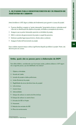 Capítulo5-ProjetodeSeqüestrodeCarbono
55
5. Os passos para o desenvolvimento de um Projeto de
Seqüestro de Carbono
Antes de elaborar o DCP, alguns cuidados são fundamentais para garantir o sucesso do projeto:
É preciso identificar e engajar as “partes interessadas” (proprietários de terra, instituições envol-•	
vidas etc) na identificação dos objetivos do projeto, atividades e conseqüências do mesmo;
Assegurar que as partes interessadas apoiarão as atividades do projeto;•	
Definir a estrutura de gerenciamento do projeto e o papel dos parceiros;•	
Esclarecer questões legais (posse da terra, direitos sobre o carbono);•	
Assegurar fundos de financiamento ao projeto•	
Esses cuidados requerem tempo e esforço significantes daquele que elabora o projeto. Porém, são
decisivos para seu sucesso.
Então, quais são os passos para a elaboração do DCP?
Para efeito didático, considerando suas 8 principais seções, podemos elaborar o DCP seguin-
do os seguintes passos, que são detalhados mais abaixo4
:
Objetivo e Atividades1.	
Período de Crédito2.	
Locação do projeto e dados preliminares3.	
Limites (fronteiras) do projeto4.	
Elegibilidade das terras (território/área do projeto)5.	
Linha de base6.	
Cenário futuro7.	
Adicionalidade8.	
Estoque de carbono no cenário da linha de base9.	
Estoque de carbono no cenário futuro10.	
Emissões de GEE no Projeto11.	
Vazamento12.	
Redução das emissões de GEE13.	
Plano de monitoramento14.	
4. Fonte: Material CI – Célia Harvey
 