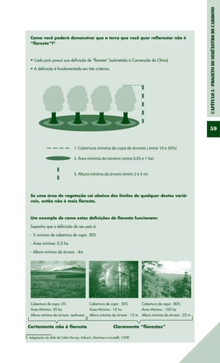 Capítulo5-ProjetodeSeqüestrodeCarbono
59
Como você poderá demonstrar que a terra que você quer reflorestar não é
“floresta”?5
• Cada país possui sua definição de “floresta” (submetida à Convenção do Clima)
• A definição é fundamentada em três critérios:
Se uma área de vegetação cai abaixo dos limites de qualquer destas variá-
veis, então não é mais floresta.
Um exemplo de como estas definições de floresta funcionam:
Suponha que a definição de seu país é:
- % mínima de cobertura de copa: 30%
- Área mínima: 0,5 ha
- Altura mínima da árvore : 4m
5. Adaptação do slide de Celia Harvey: Imbach, Martinez e Locatelli, CATIE
1. Cobertura mínima de copa de árvores ( entre 10 e 30%)
2. Área mínima do terreno (entre 0,05 e 1 ha)
3. Altura mínima da árvore (entre 2 e 5 m)
Cobertura de copa: 0%
Área Mínima: 20 ha
Altura mínima da árvore: nenhuma
Cobertura de copa : 50%
Área Mínima : 10 ha
Altura mínima da árvore : 15 m
Cobertura de copa : 80%
Área Mínima : 100 ha
Altura mínima da árvore : 25 m
Claramente “florestas”Certamente não é floresta
 